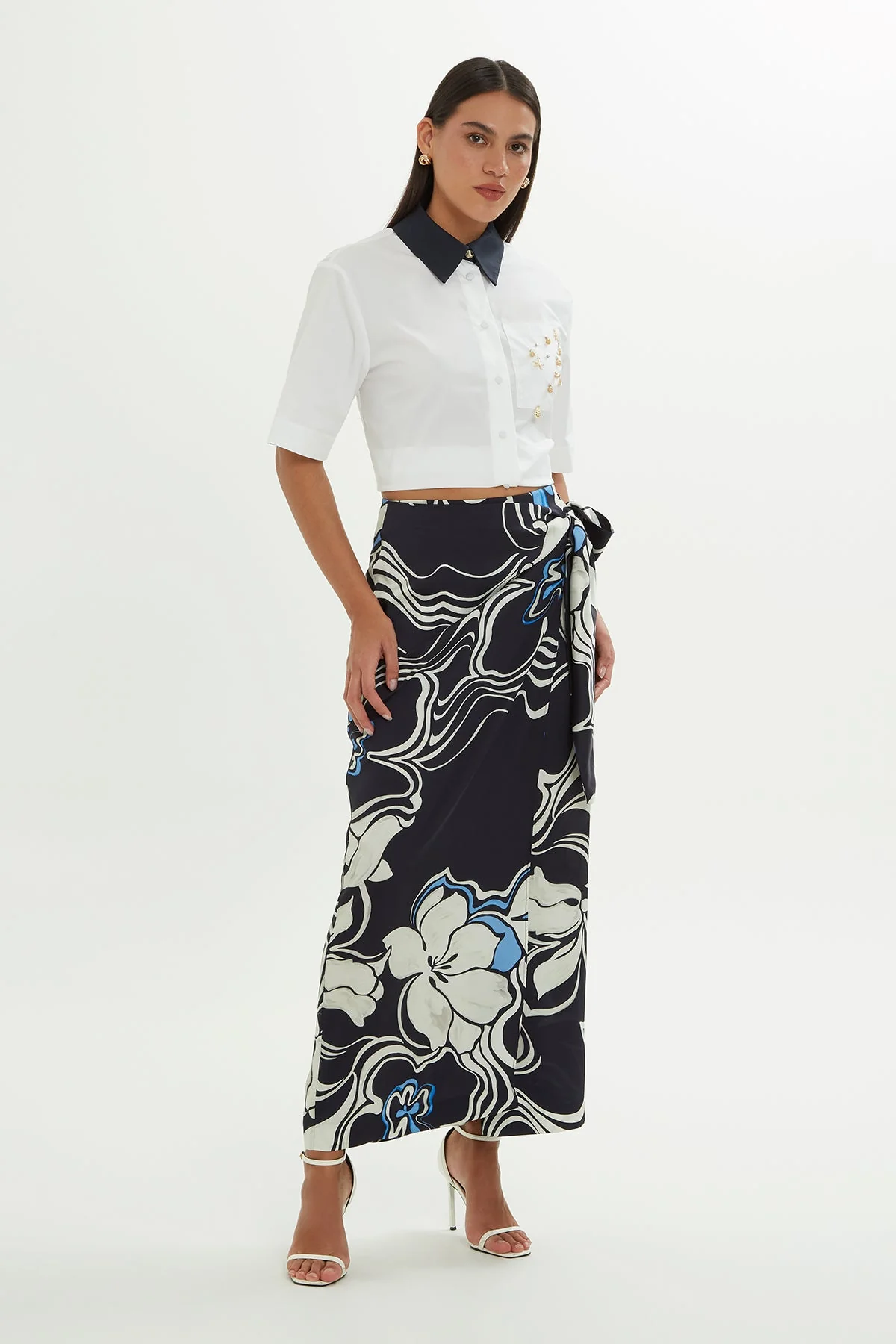 Navy Patterned Midi Skirt