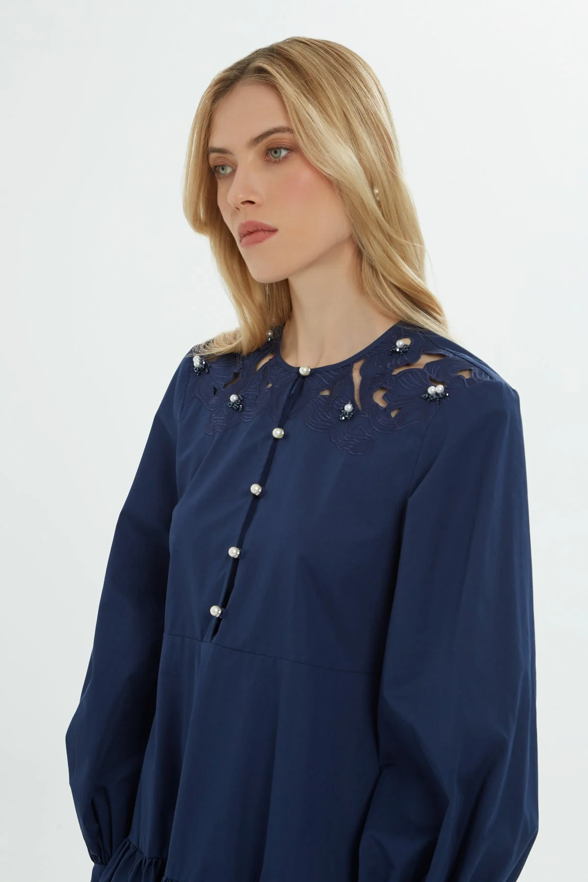 Navy Pearl-Button Short Dress - Image 2