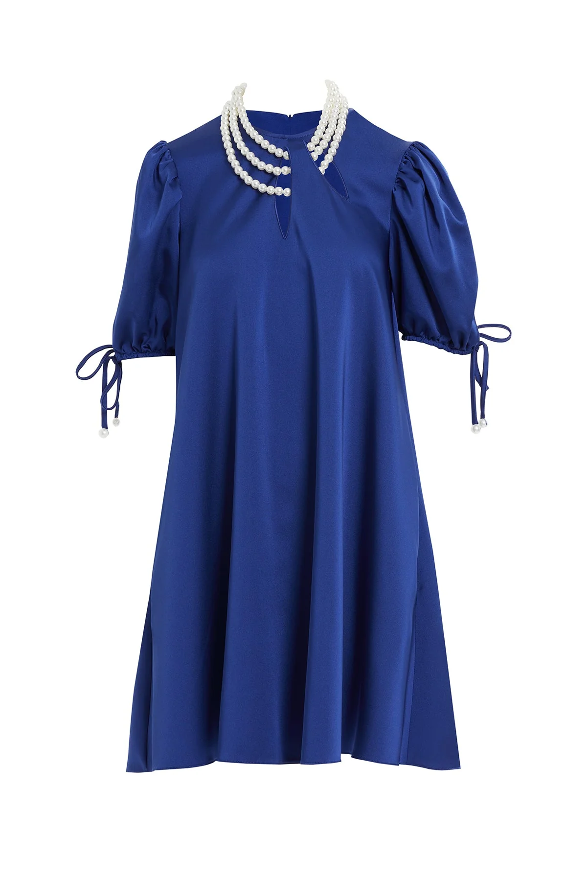 Navy Short Dress with Pearl Necklace