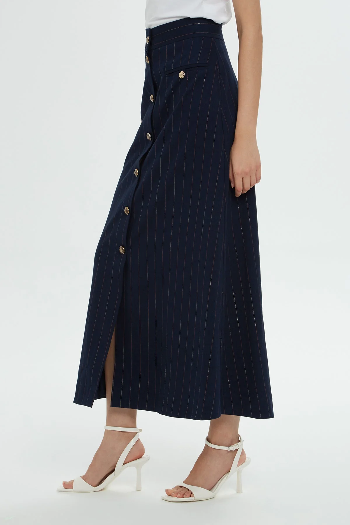 Navy Striped Cotton Midi Skirt - Image 4