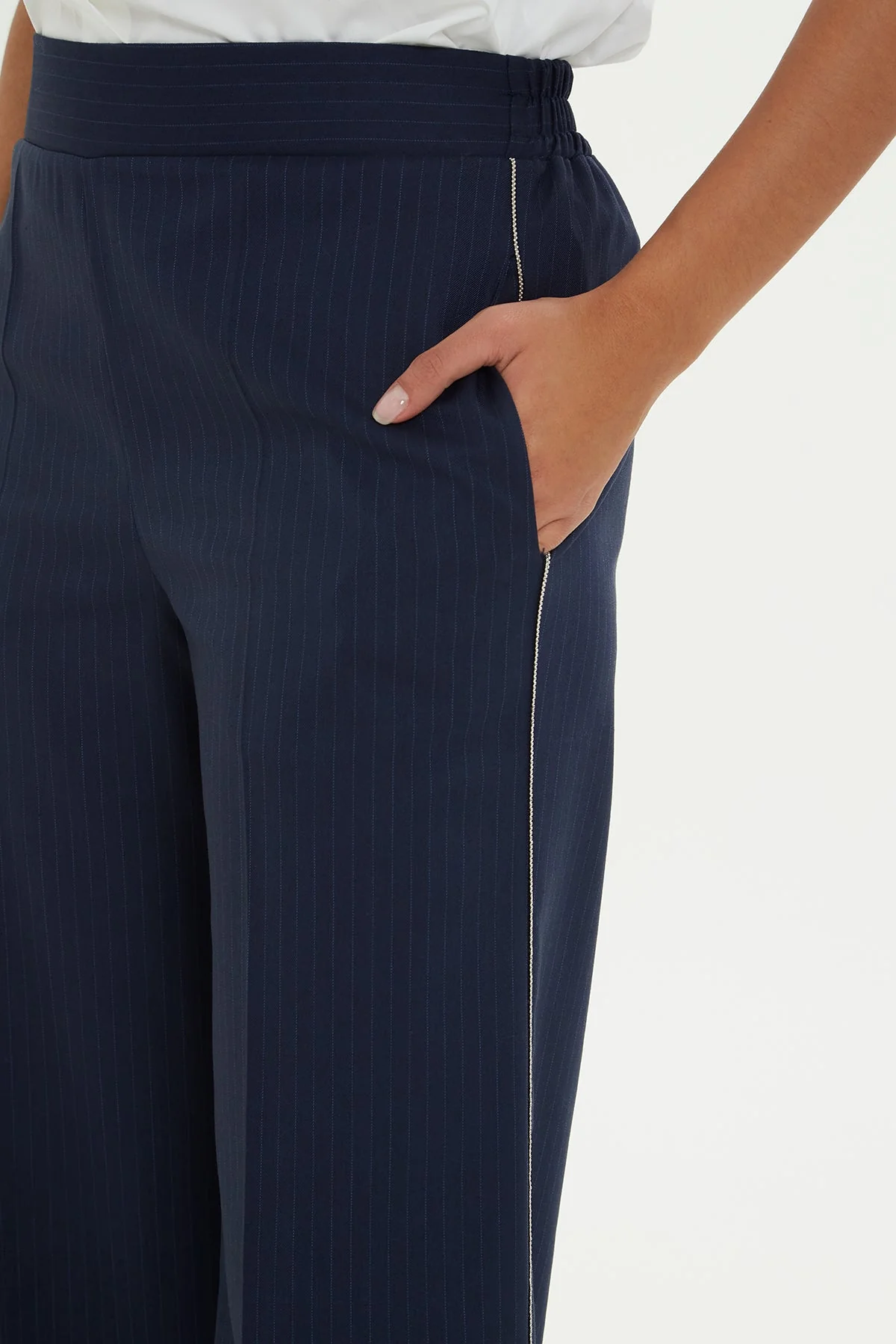 Navy Striped Trousers with Chain Trim - Image 2