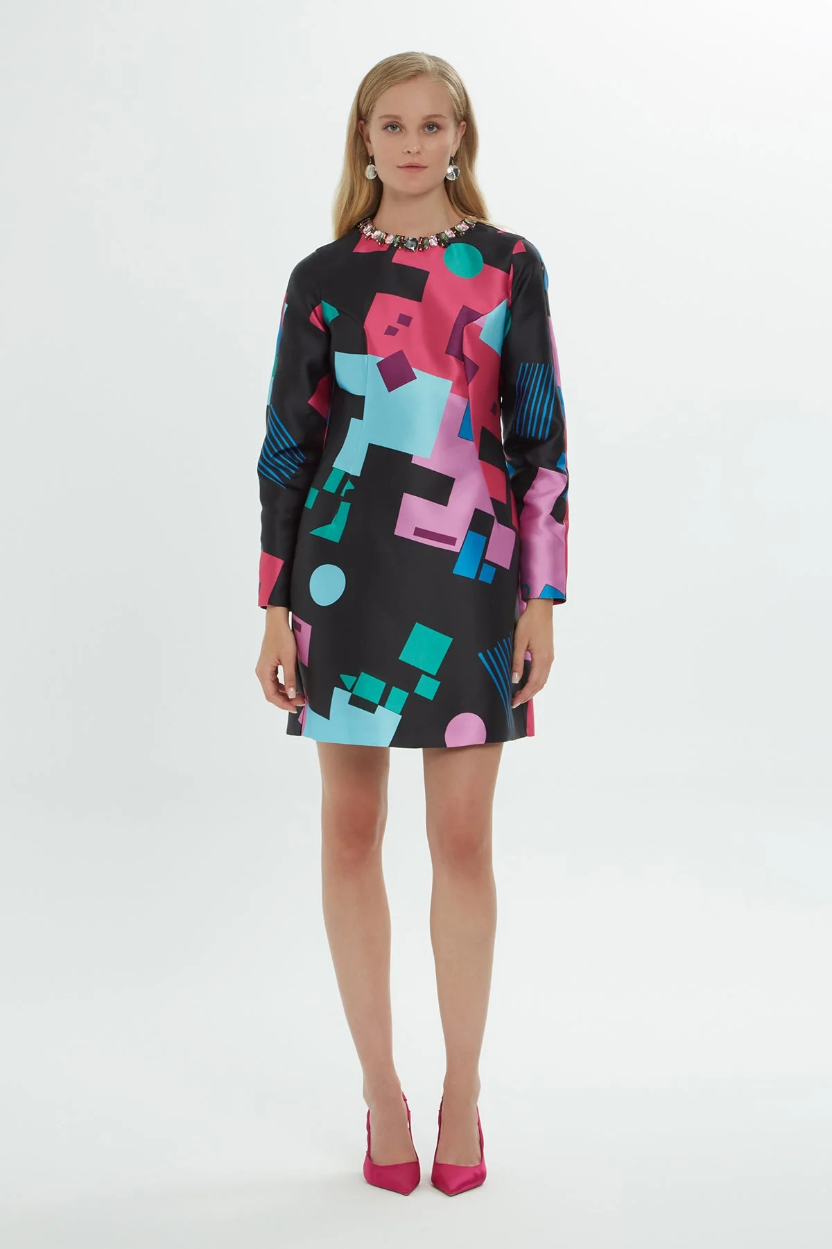Patterned Embroidered-Collar Mini Dress