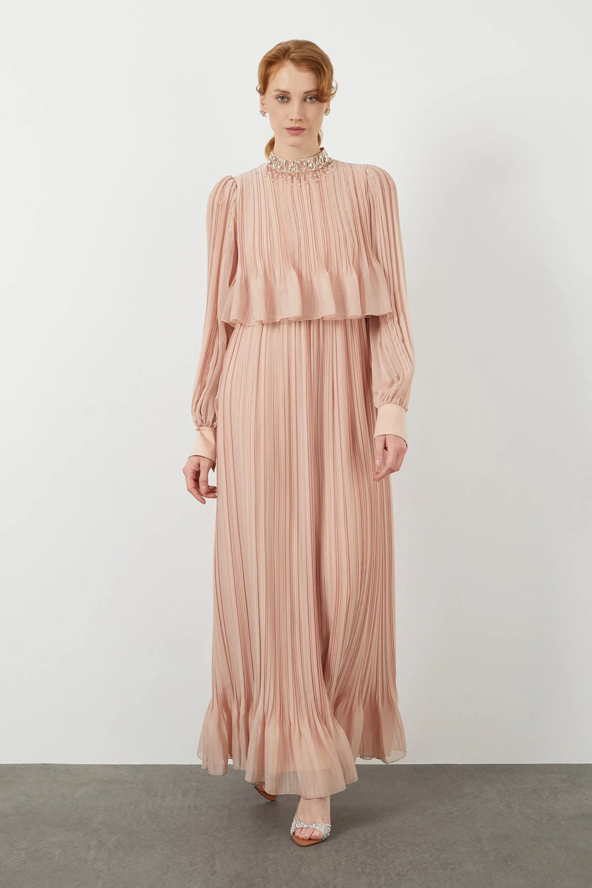 Pink Embroidered-Collar Maxi Dress