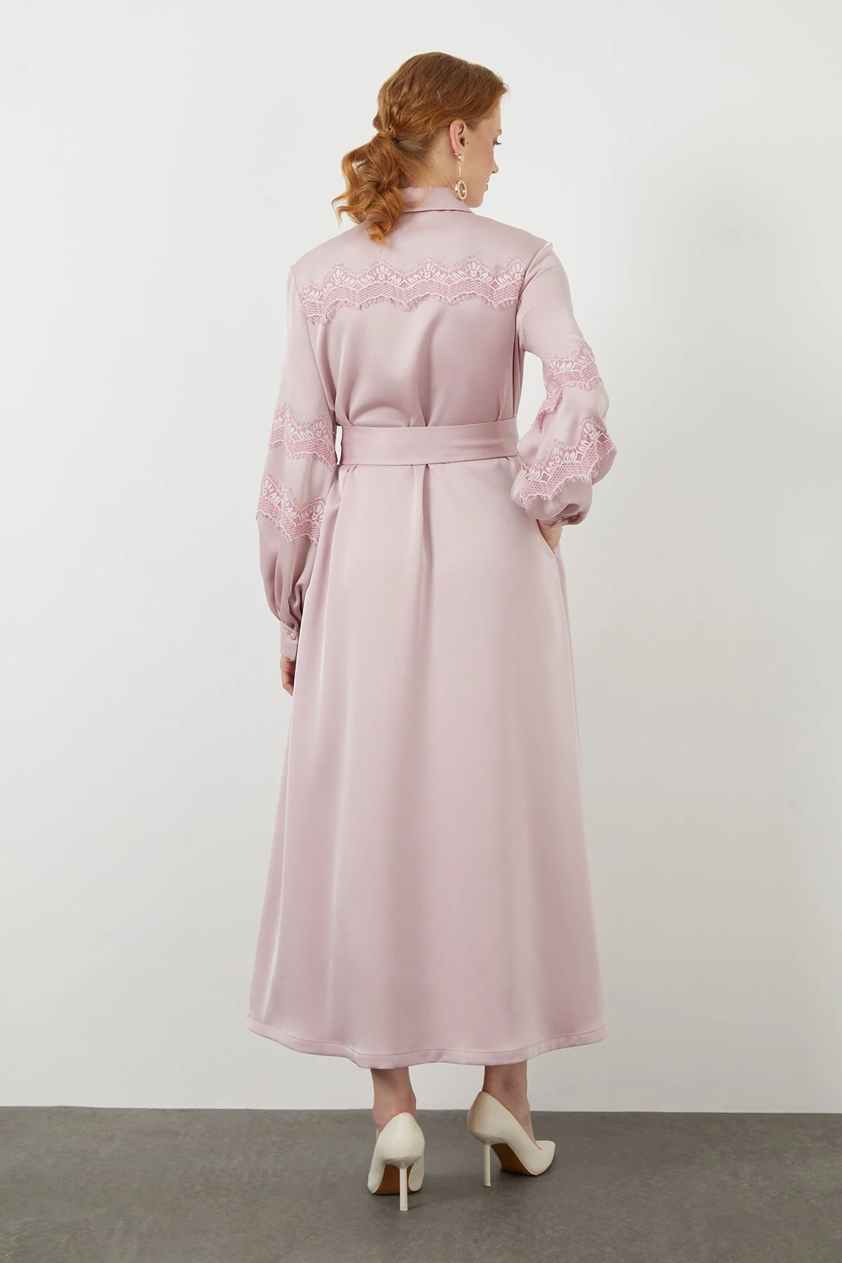 Pink Lace Sash-Detail Midi Dress - Image 4