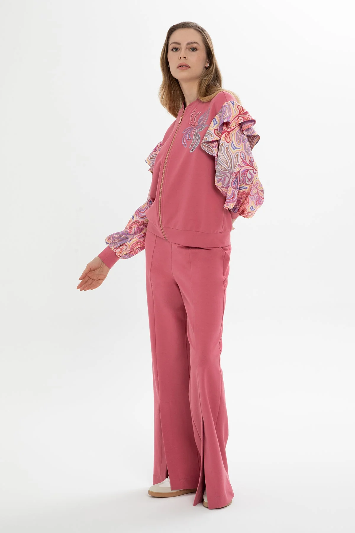 Pink Patterned-Sleeve Tracksuit