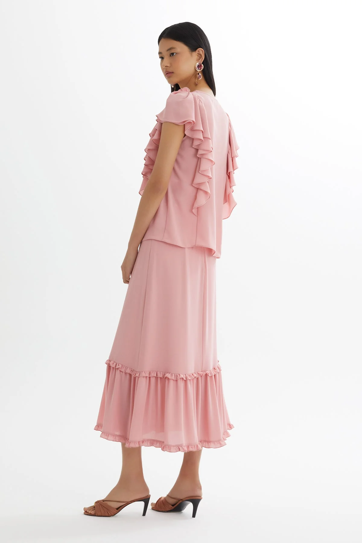 Pink Ruffled Blouse Gathered Skirt Set - Image 4
