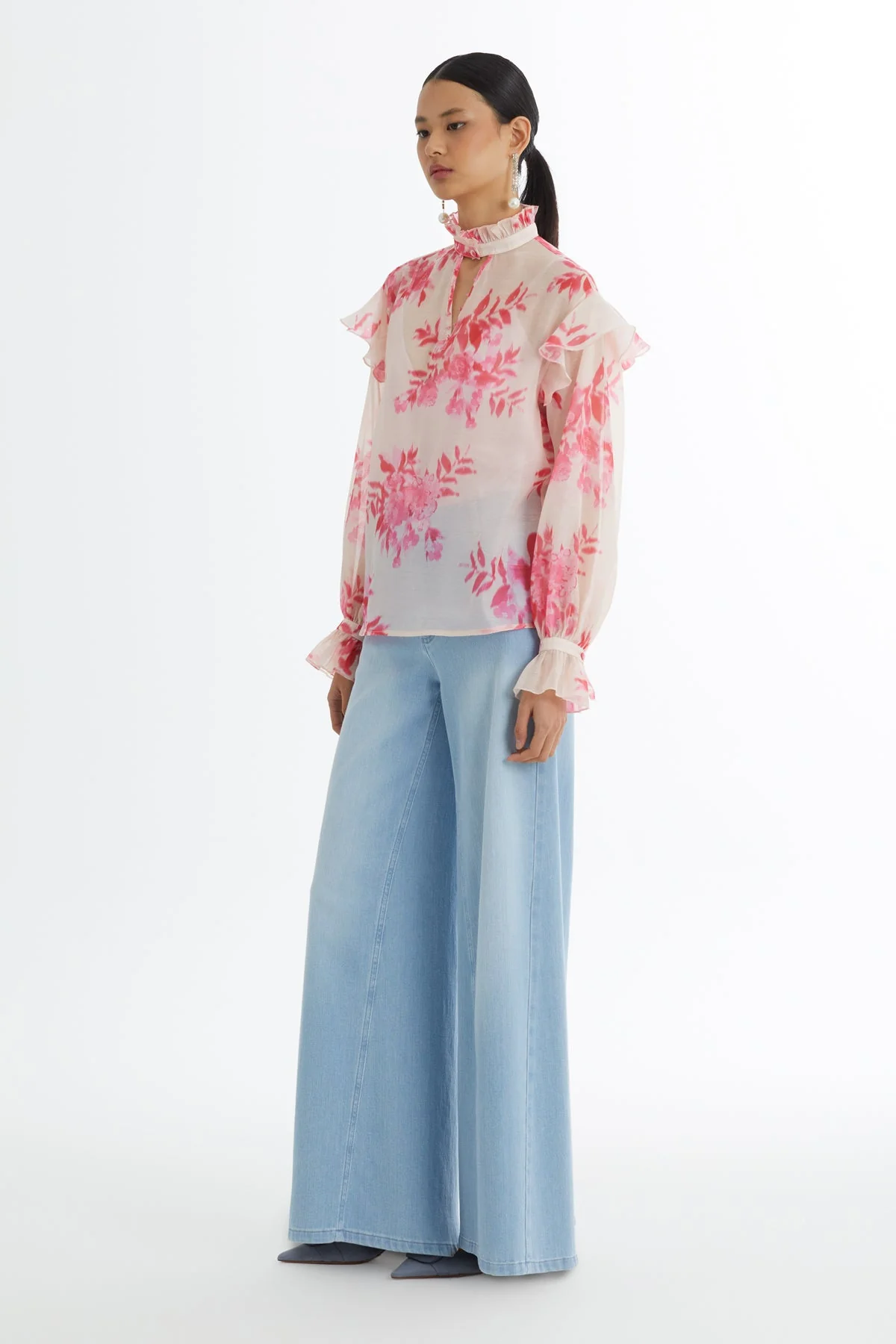 Pink Ruffled Collar and Sleeve Blouse - Image 3