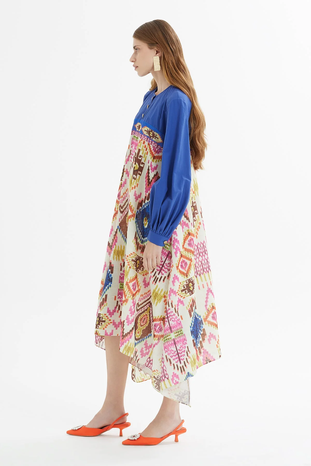 Printed Asymmetrical Midi Blue Dress - Image 4