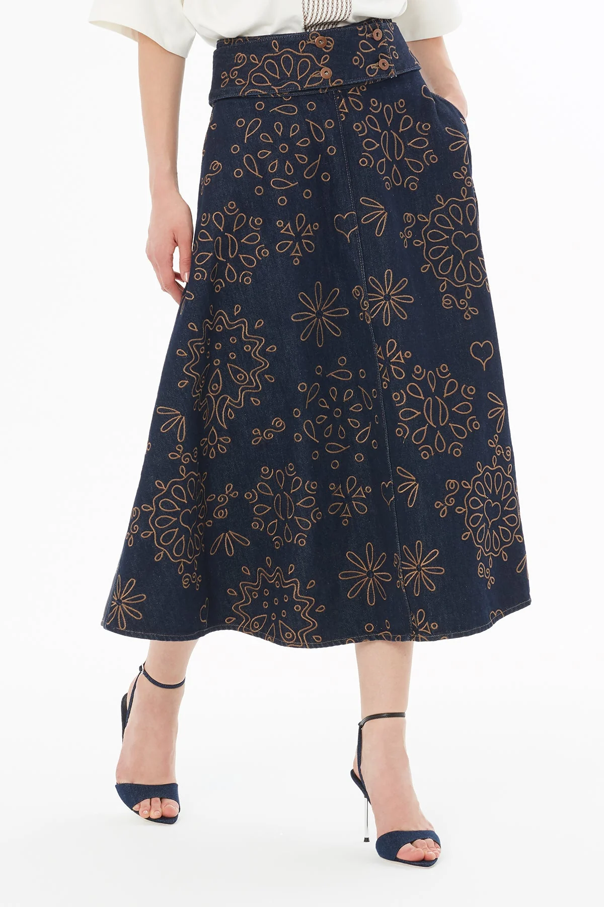 Printed Bell-Shaped Denim Midi Skirt - Image 3