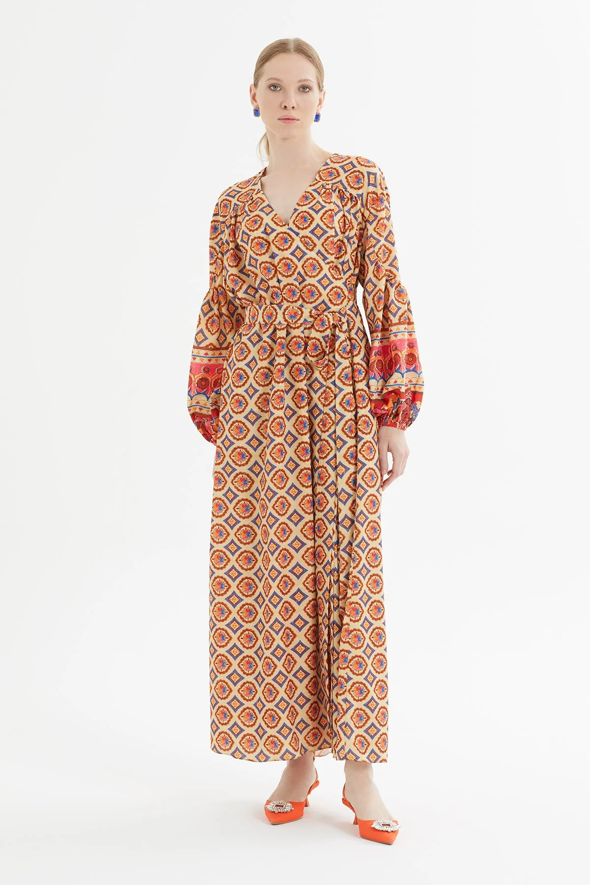 Printed Flared Dress with Belt Detail