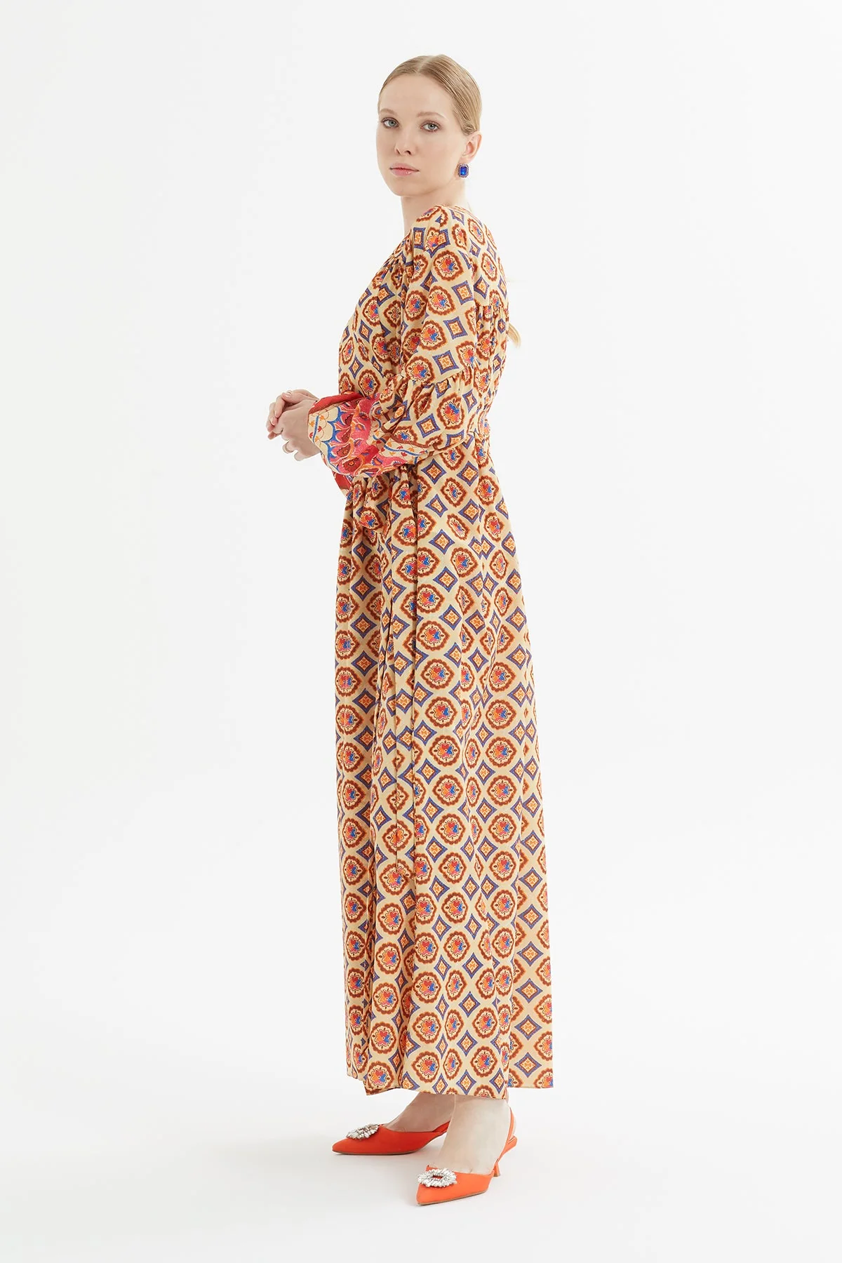 Printed Flared Dress with Belt Detail - Image 2