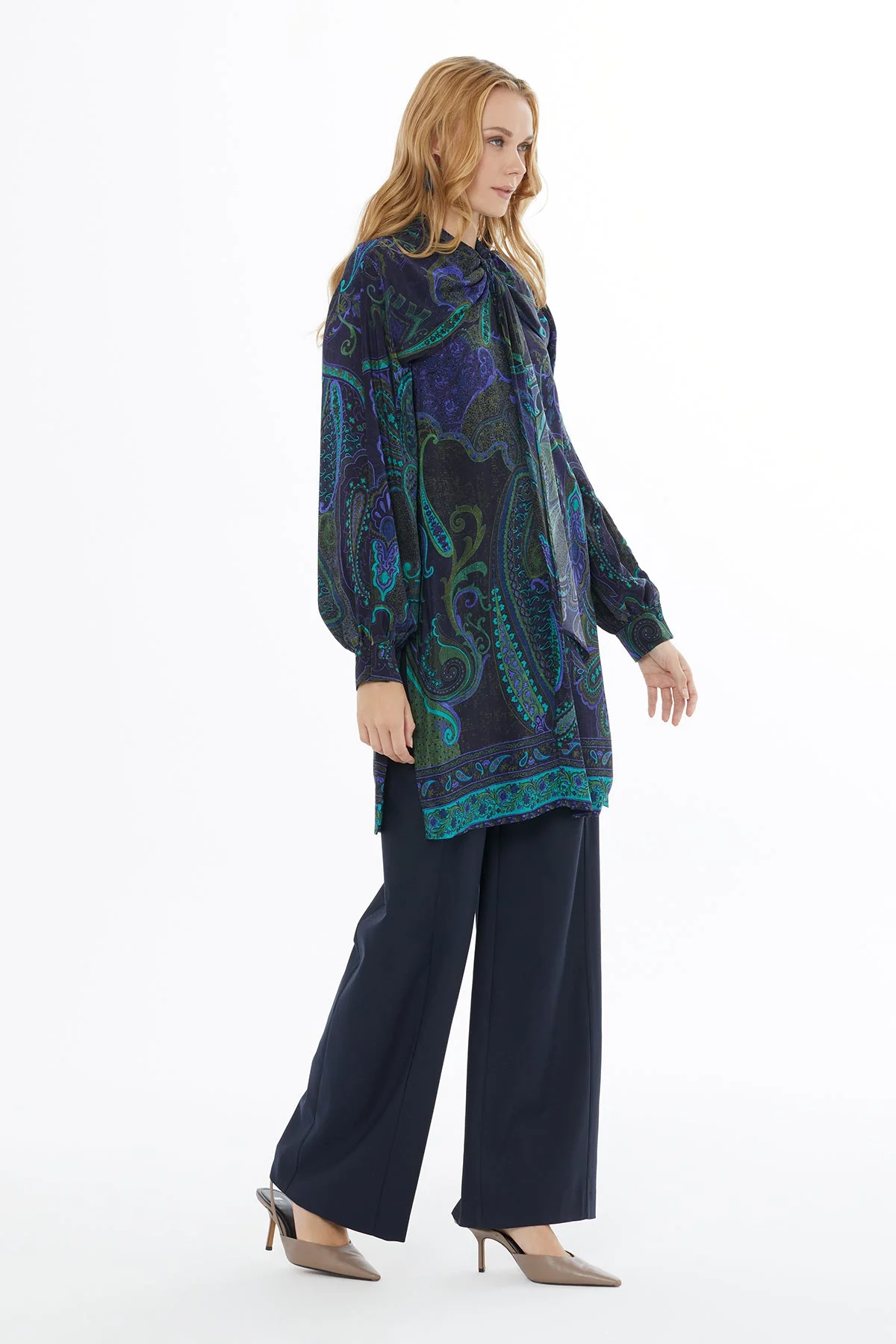 Printed Long Blouse with Tie Neckline - Image 3
