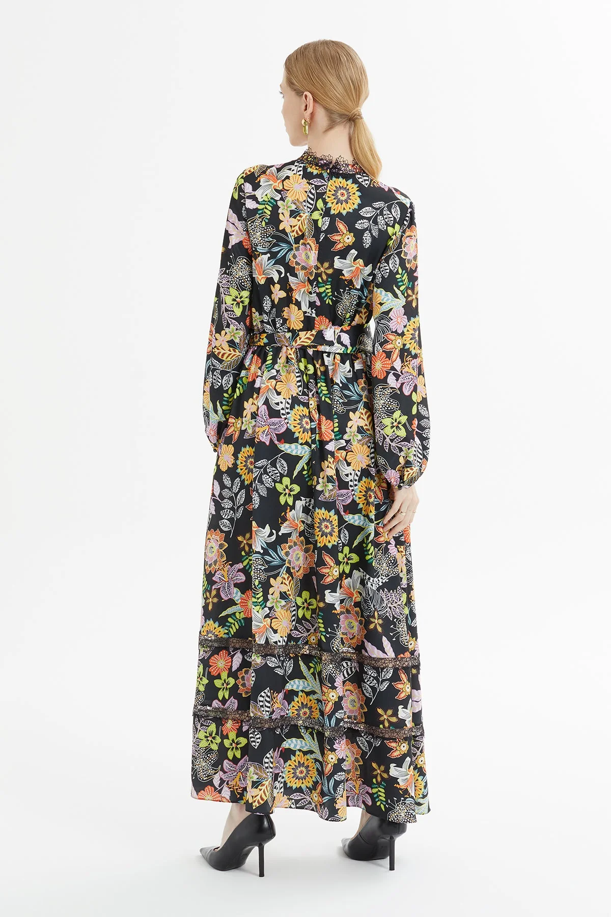 Printed Long Dress with Gathered Waist - Image 4