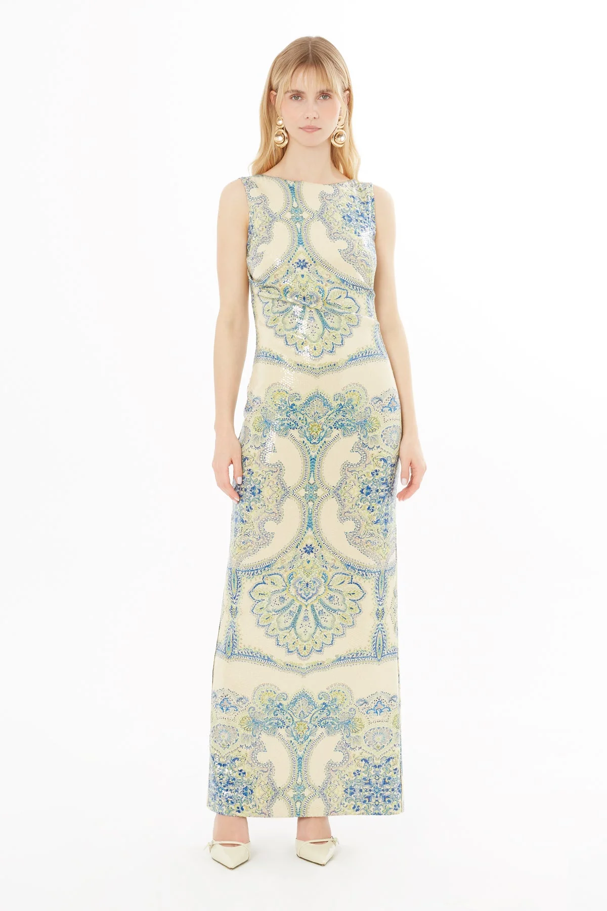 Printed Maxi Dress with Backless Design