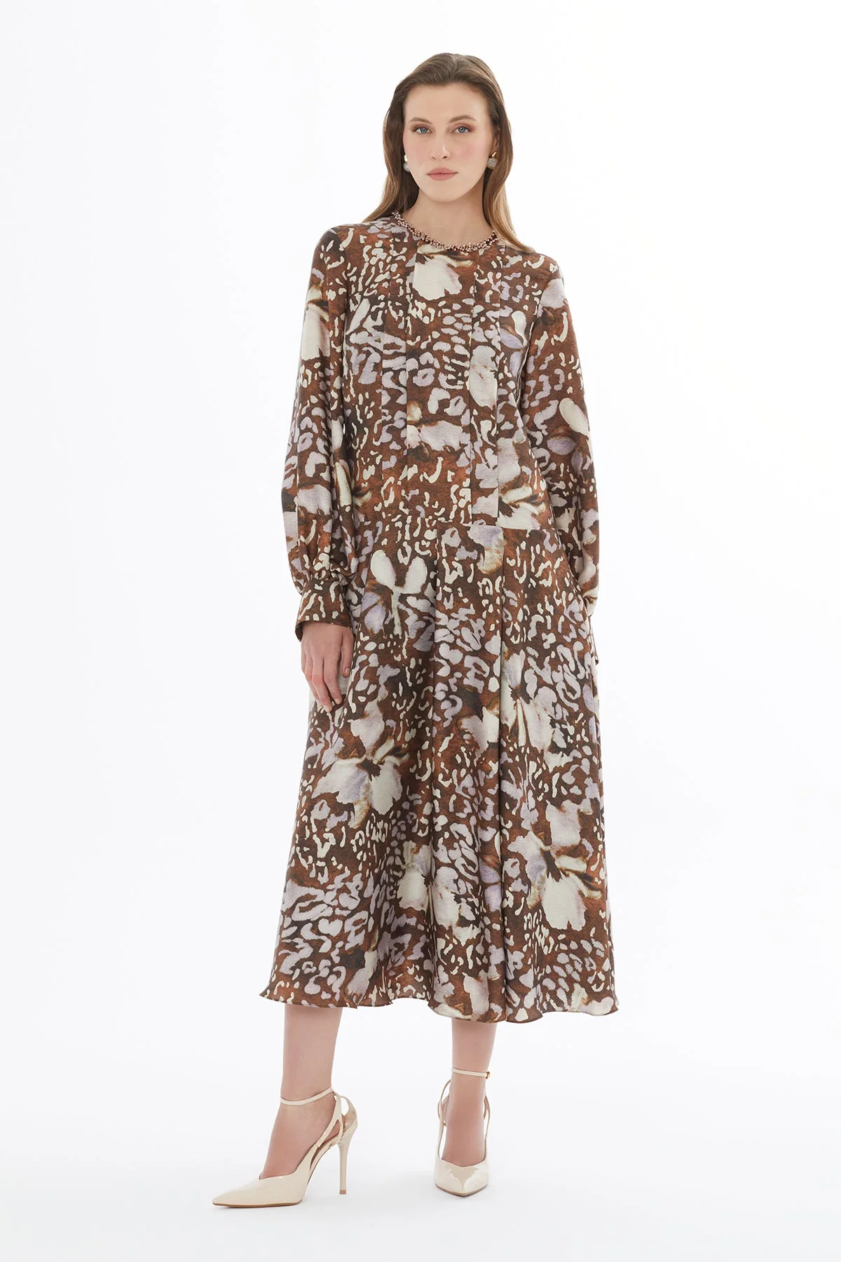 Printed Midi Dress with Beaded Collar - Image 3