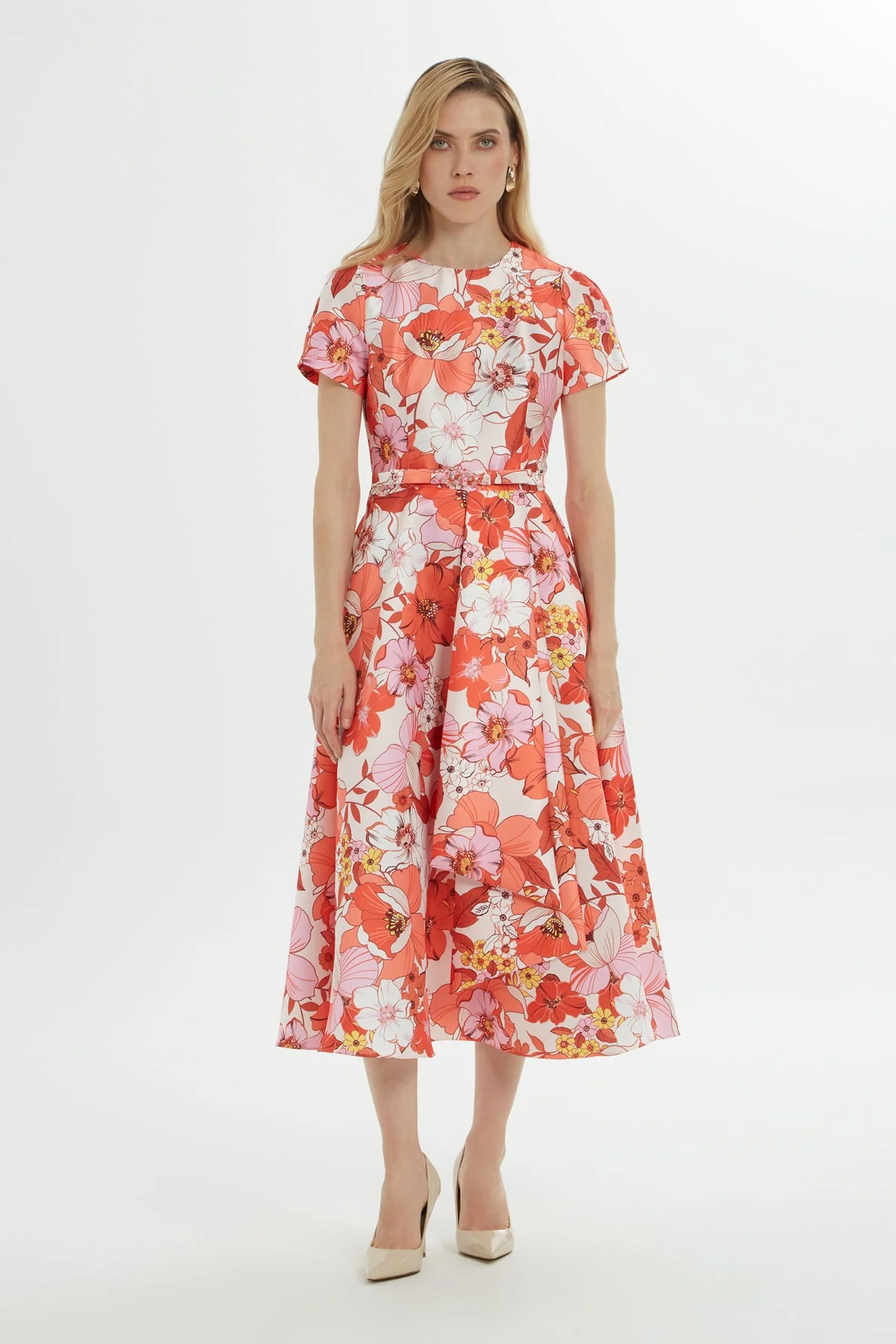 Printed Midi Dress with Belted Waist