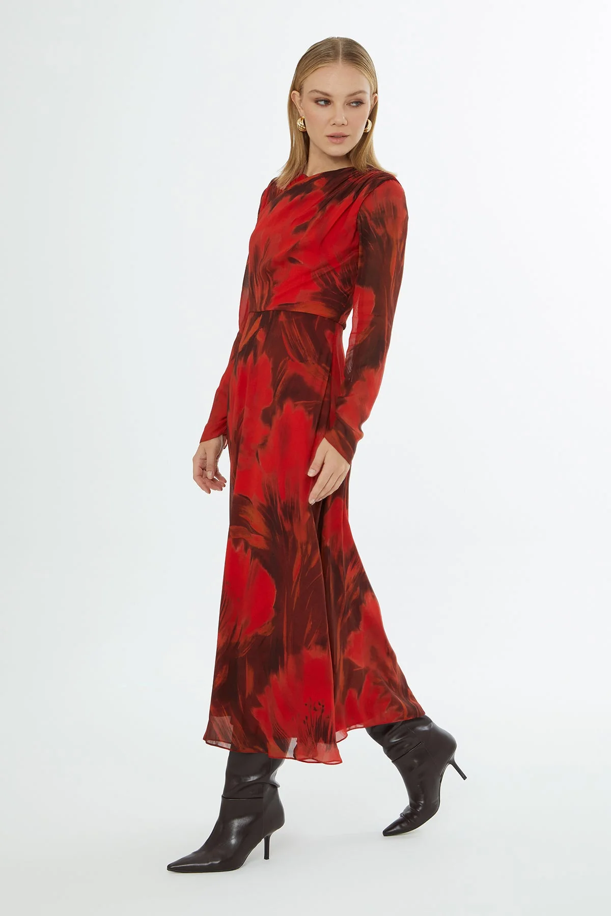 Printed Midi Dress with Shoulder Gathering - Image 4