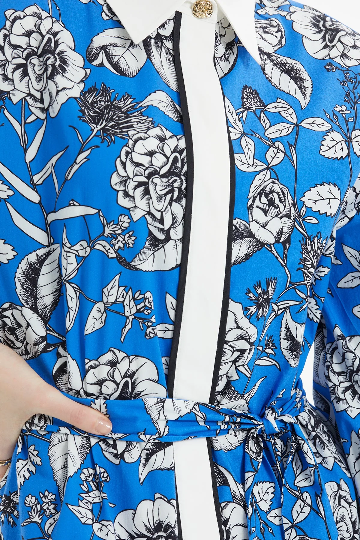 Printed Shirt-Collar Blue Long Dress - Image 2