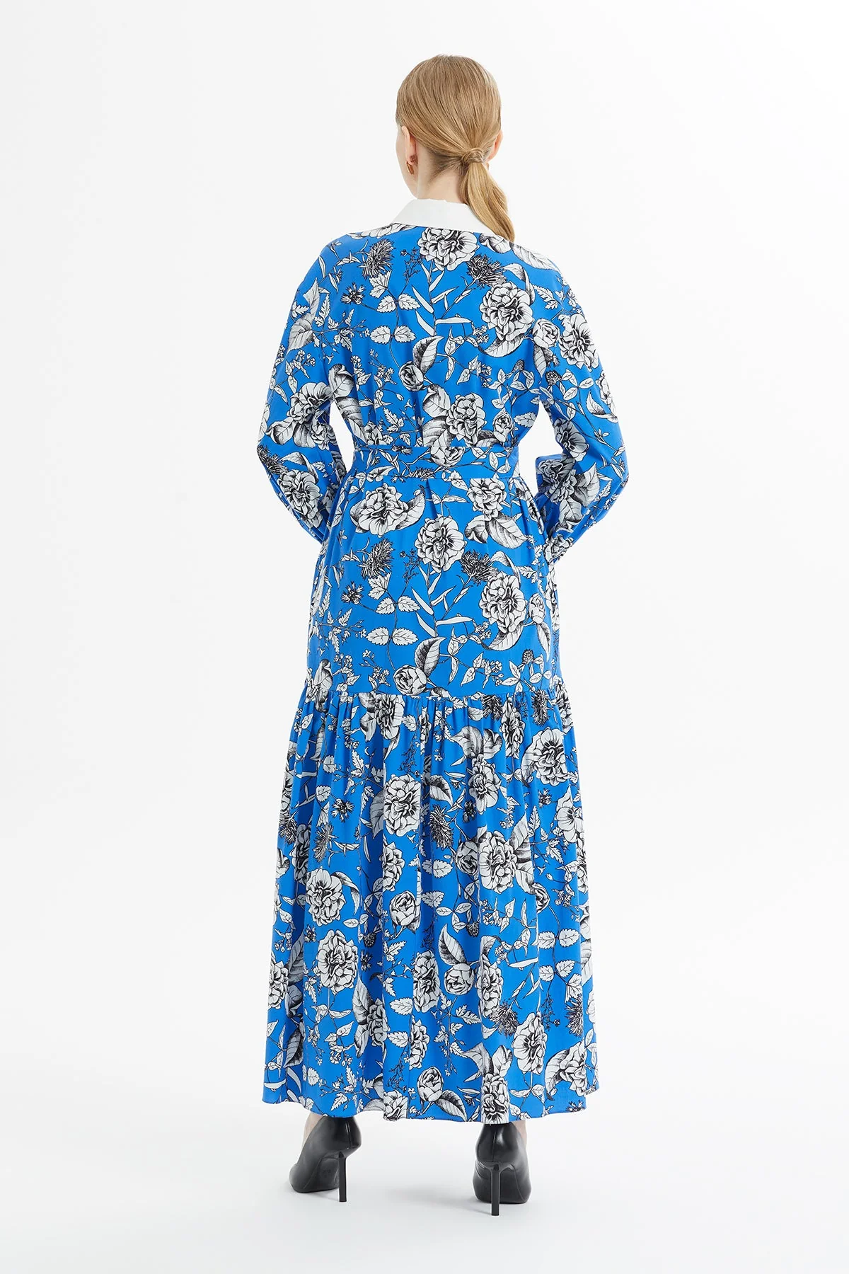 Printed Shirt-Collar Blue Long Dress - Image 4