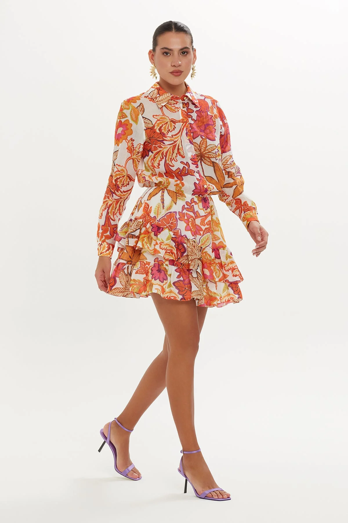 Printed Shirt Dress with Ruffled Hem - Image 3