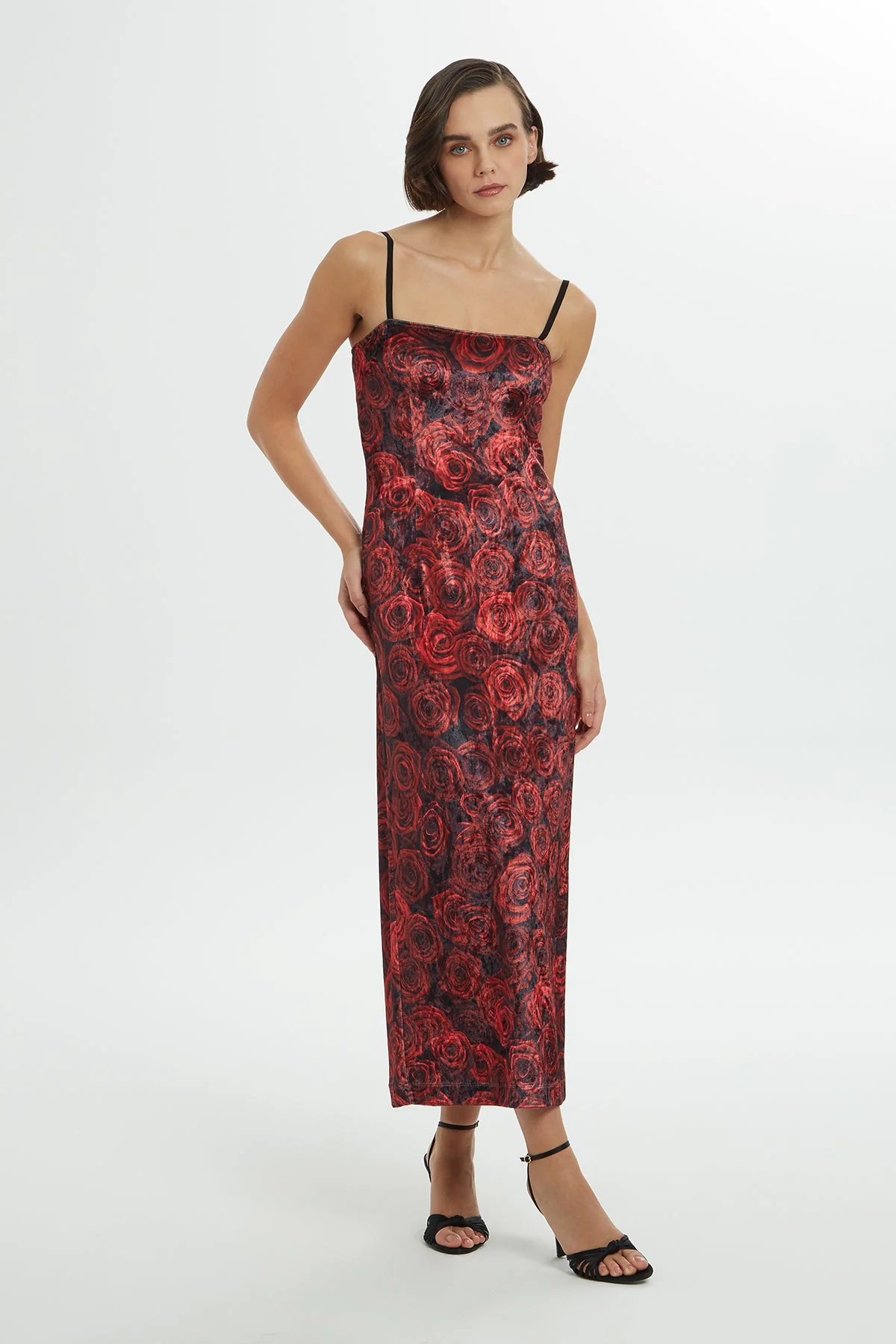 Printed Strappy Velvet Long Dress - Image 2
