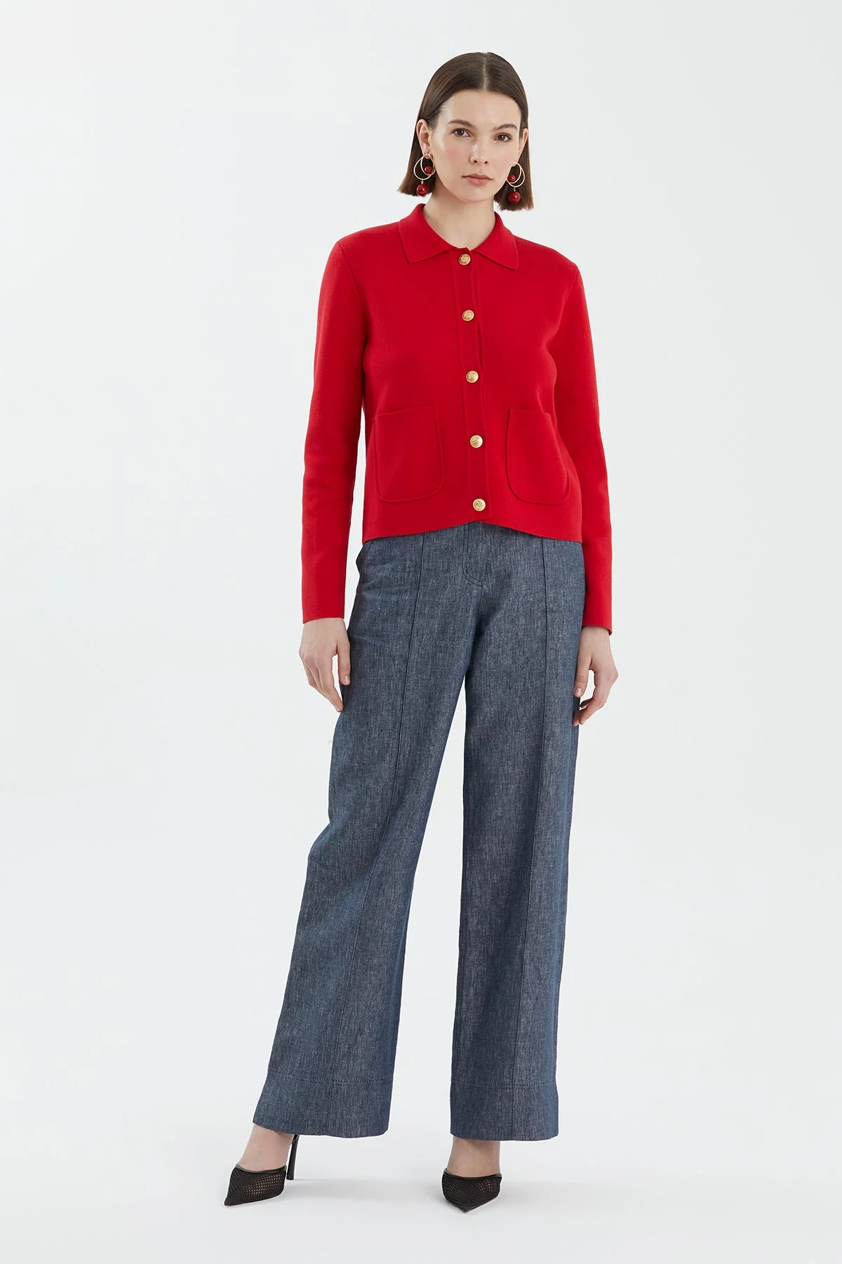 Red Buttoned Polo Neck Knit