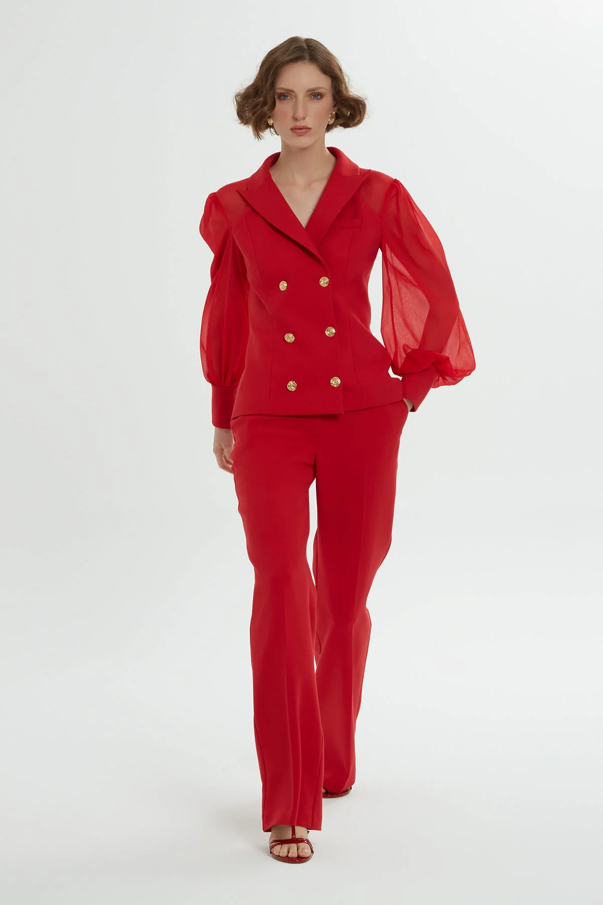 Red Chiffon-Sleeve Co-Ord Set