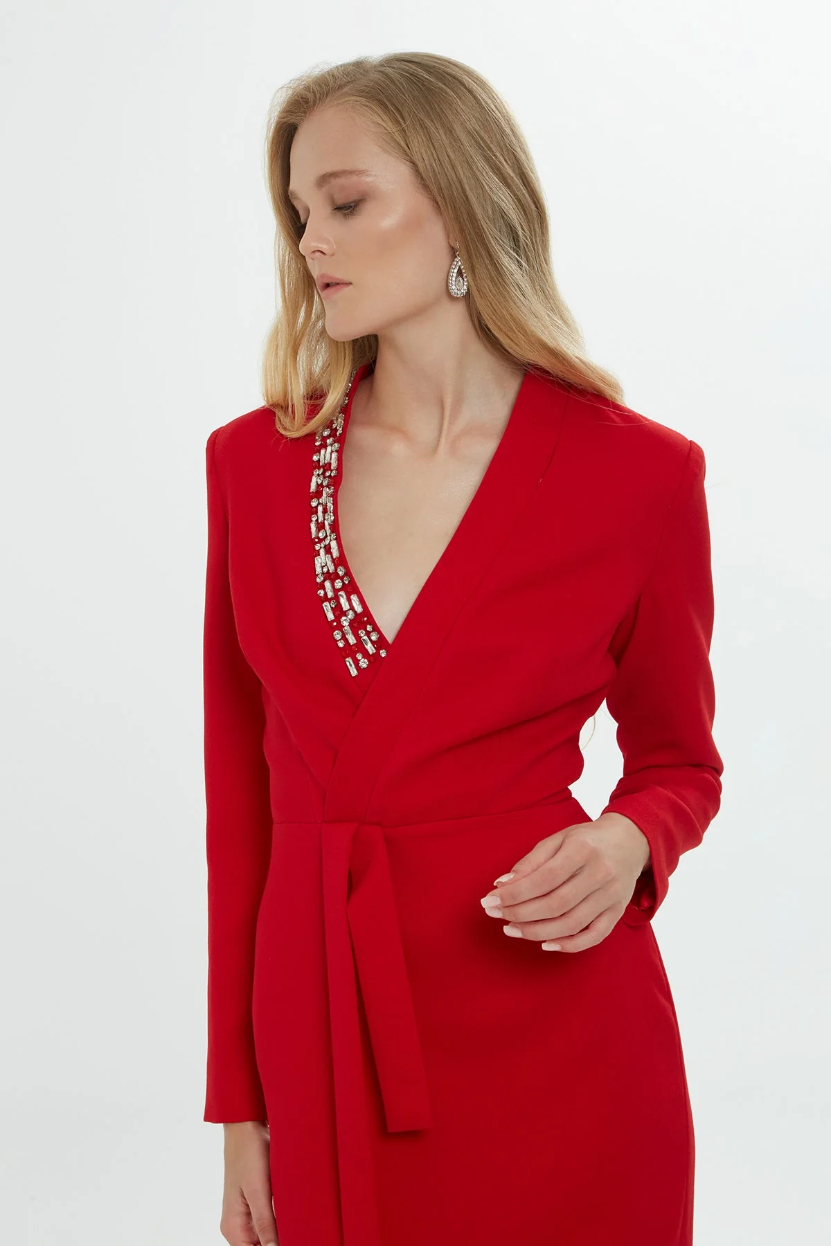 Red Embroidered-Collar V-Neck Maxi Dress - Image 2