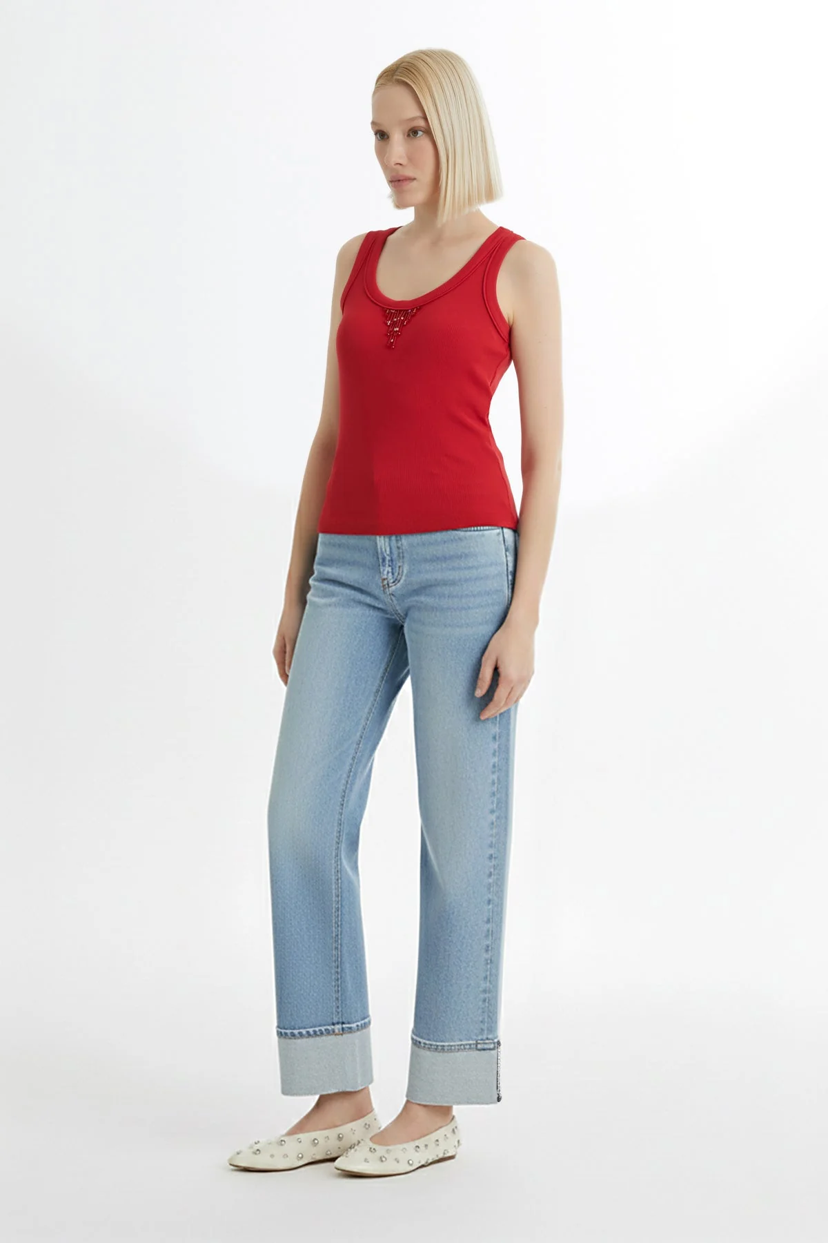 Red Embroidered Detail Tank Top - Image 4