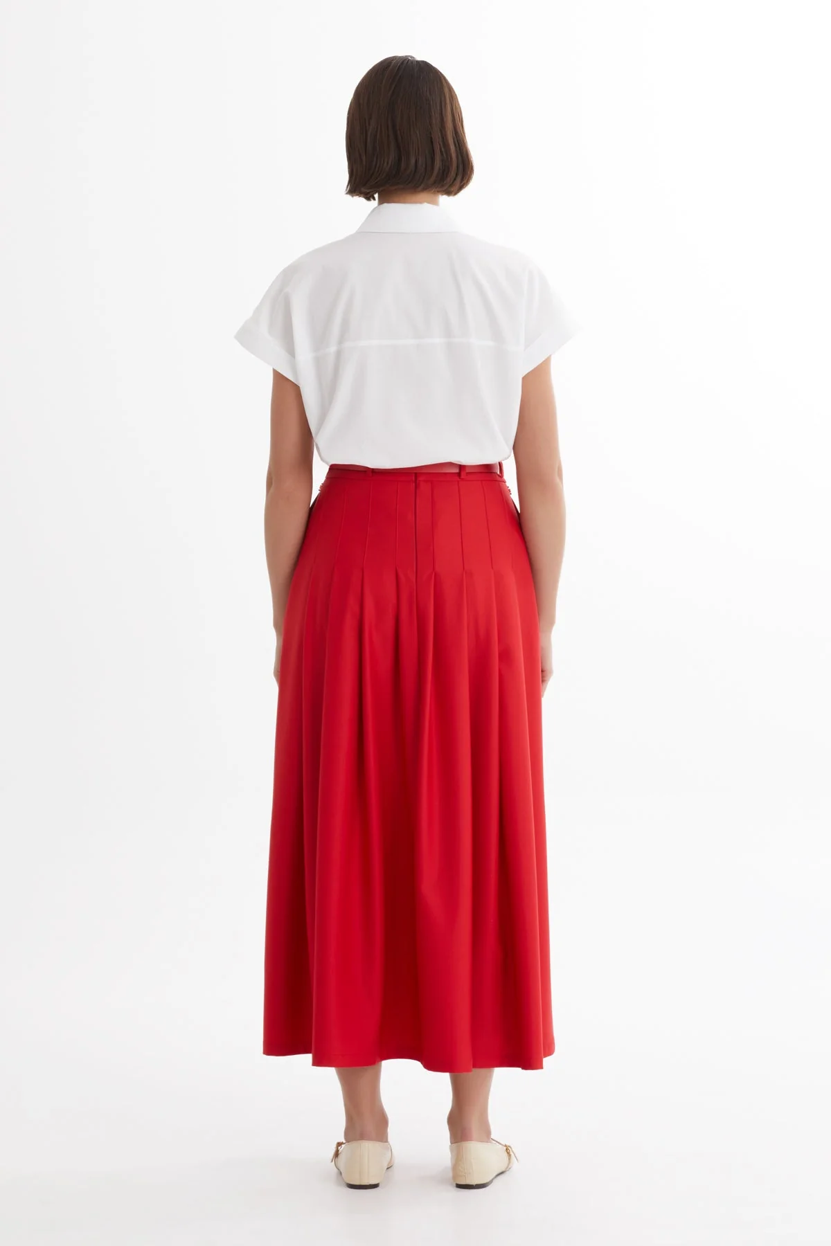 Red Leather-Belted Pleated Skirt - Image 3