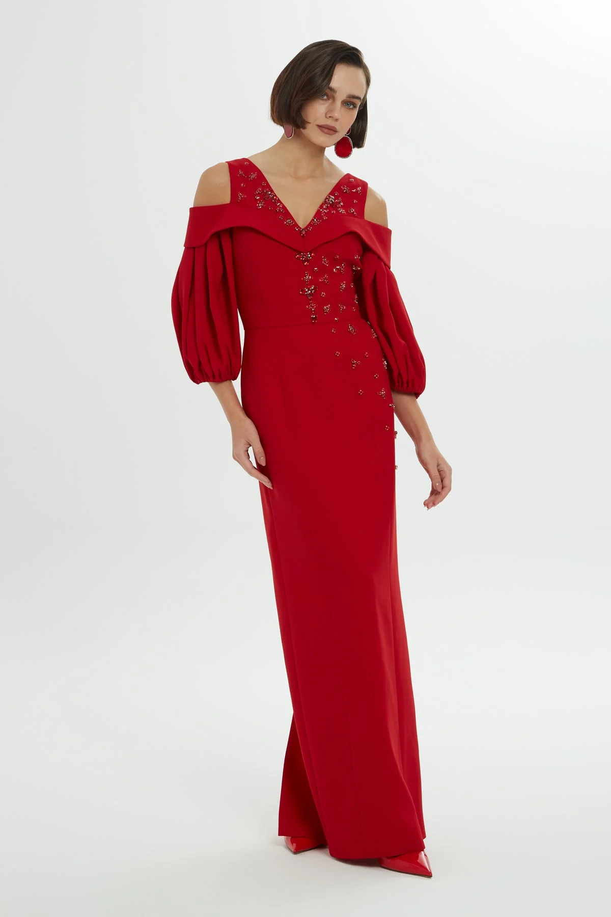 Red Long Dress with Balloon Sleeves - Image 3