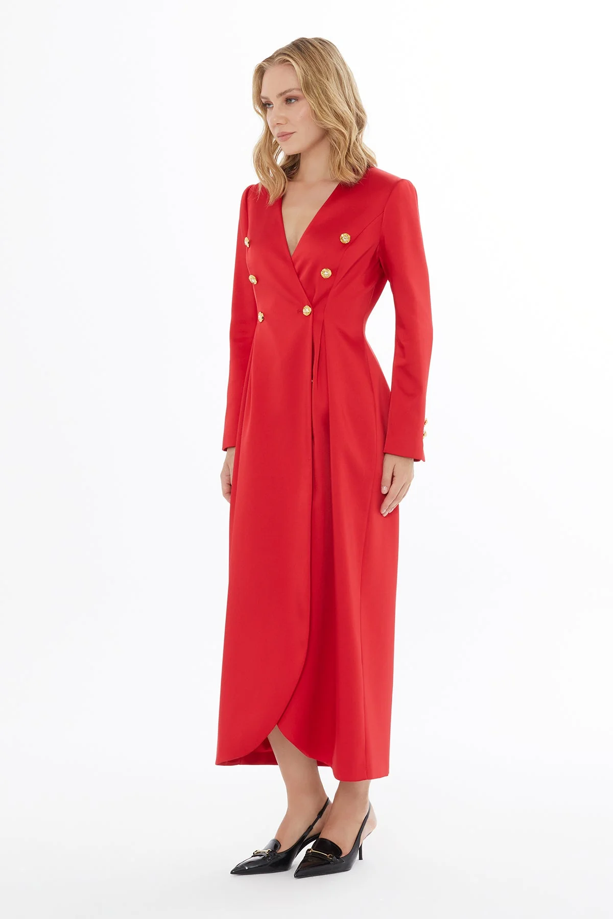 Red Midi Button Detail Dress - Image 3