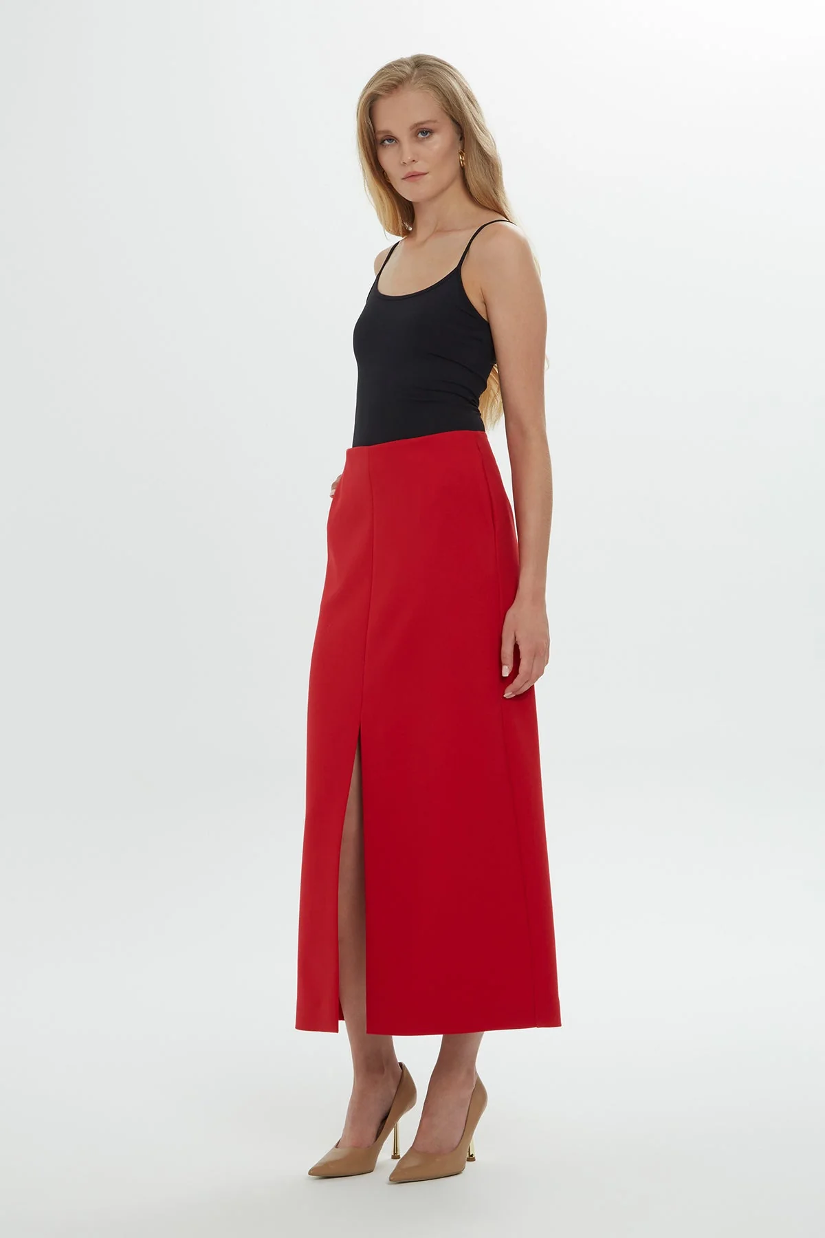 Red Pocketed Slit-Detail Midi Skirt - Image 2