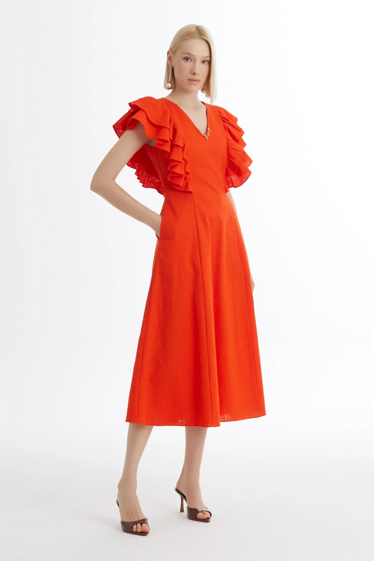 Red Ruffle Sleeve V-Neck Dress - Image 3