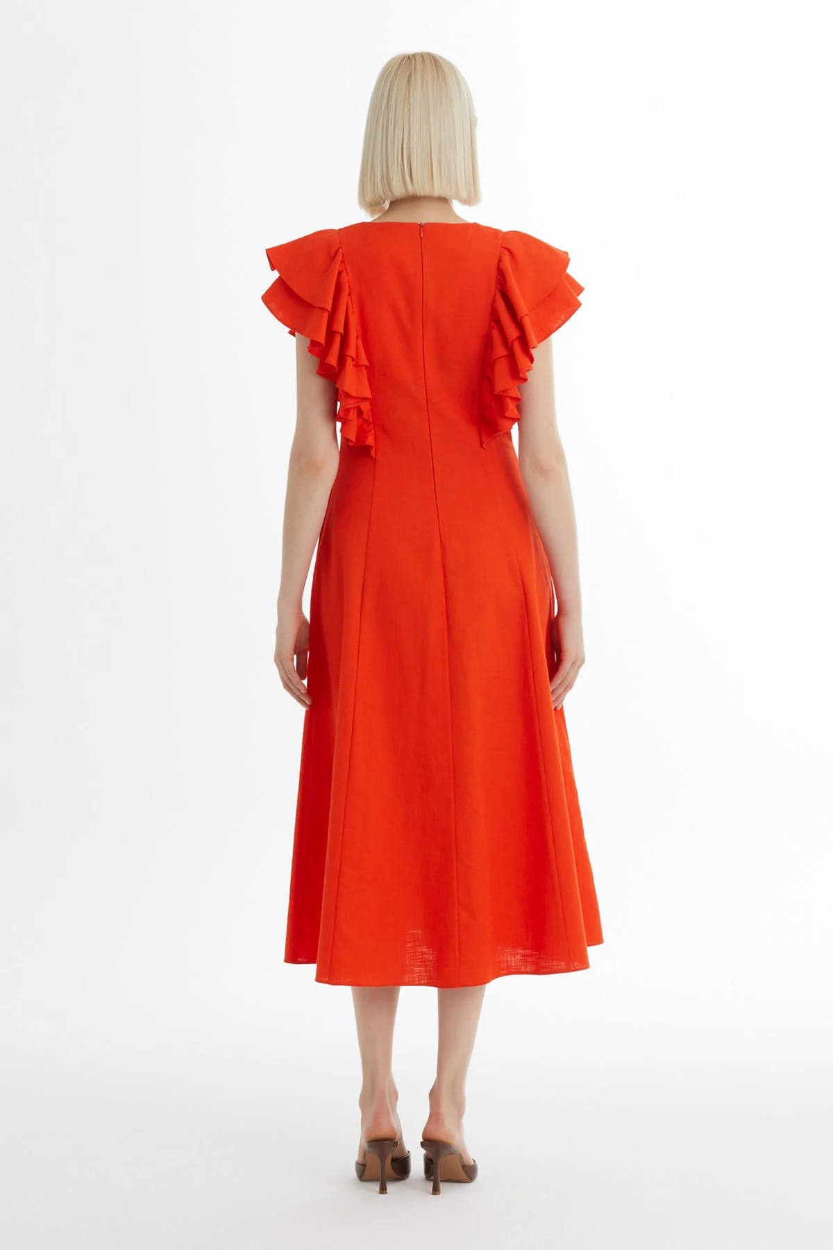 Red Ruffle Sleeve V-Neck Dress - Image 4