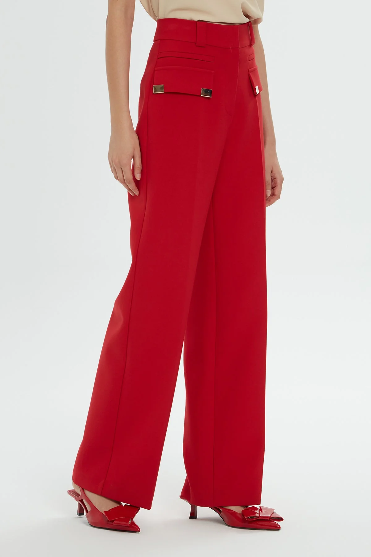 Red Wide-Leg Pocket Detail Pants - Image 3