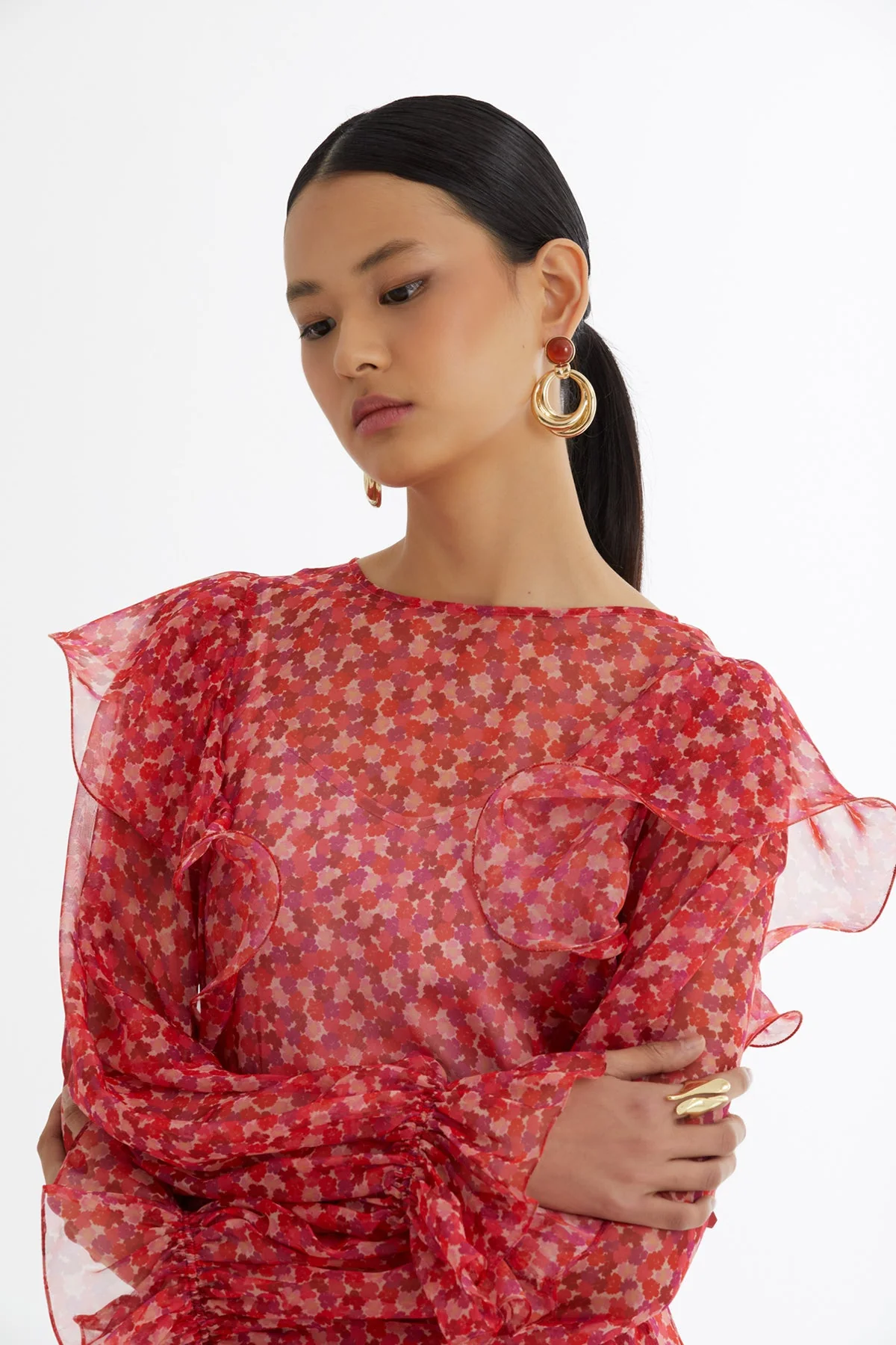 Ruffle Leather-Belted Patterned Dress - Image 2
