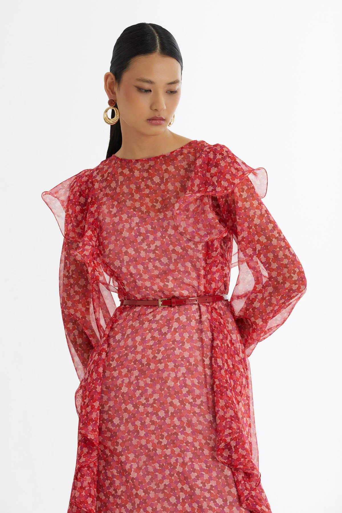Ruffle Leather-Belted Patterned Dress - Image 3