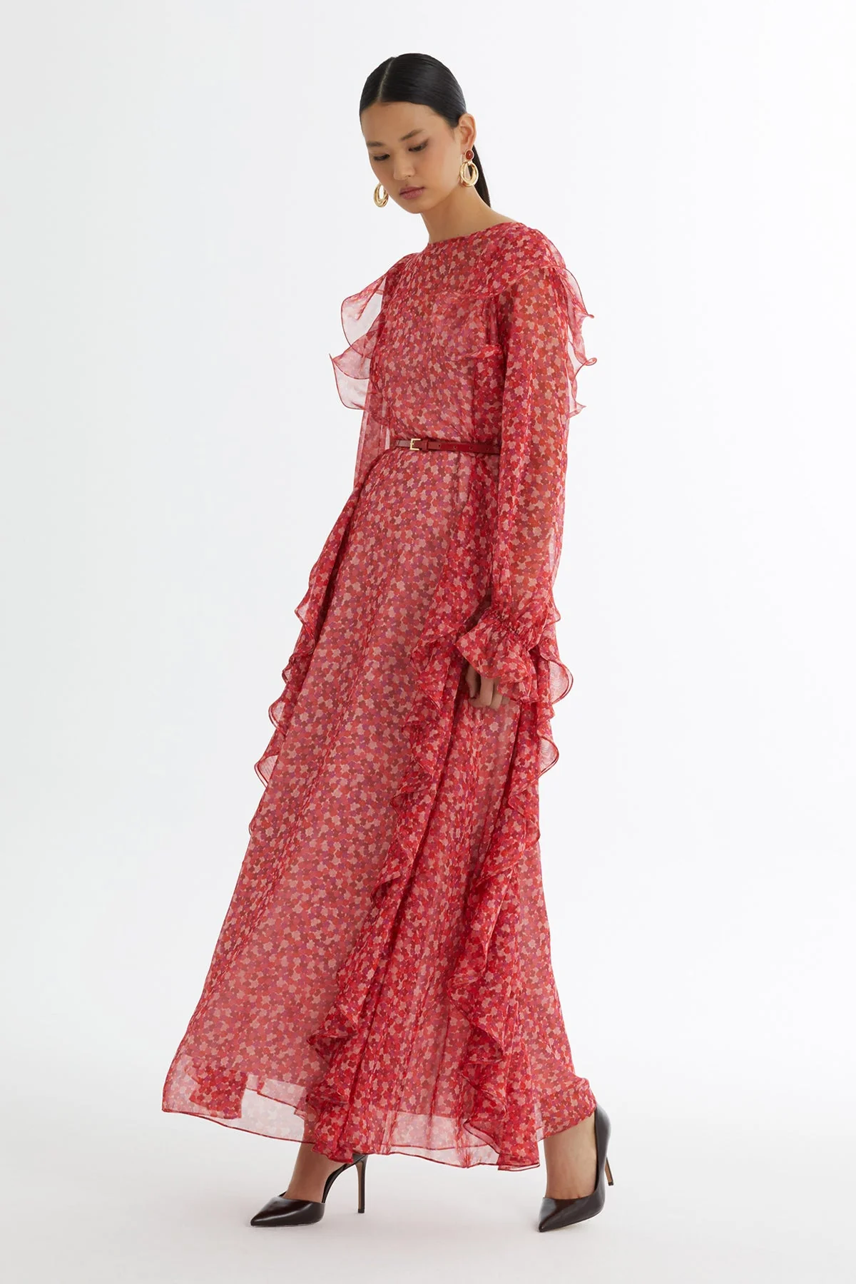 Ruffle Leather-Belted Patterned Dress - Image 4