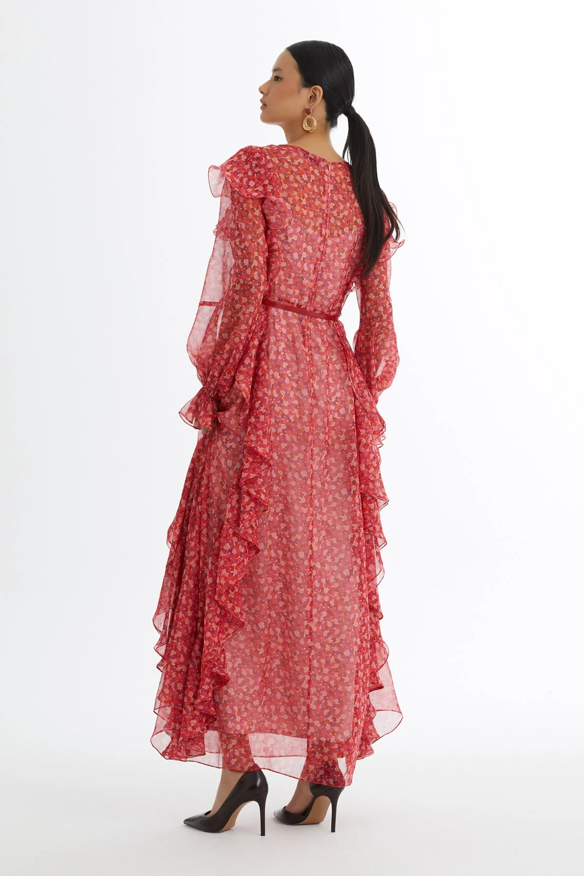 Ruffle Leather-Belted Patterned Dress - Image 5