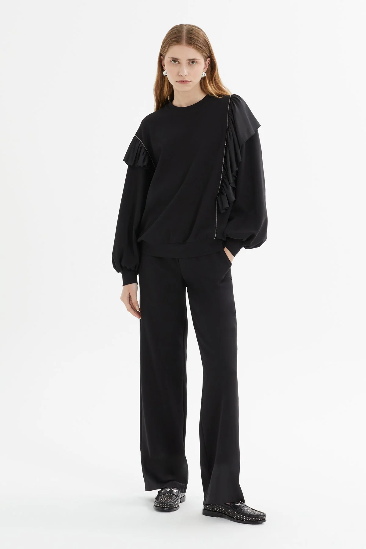 Ruffle Sleeve Detail Sweatshirt Pants Set