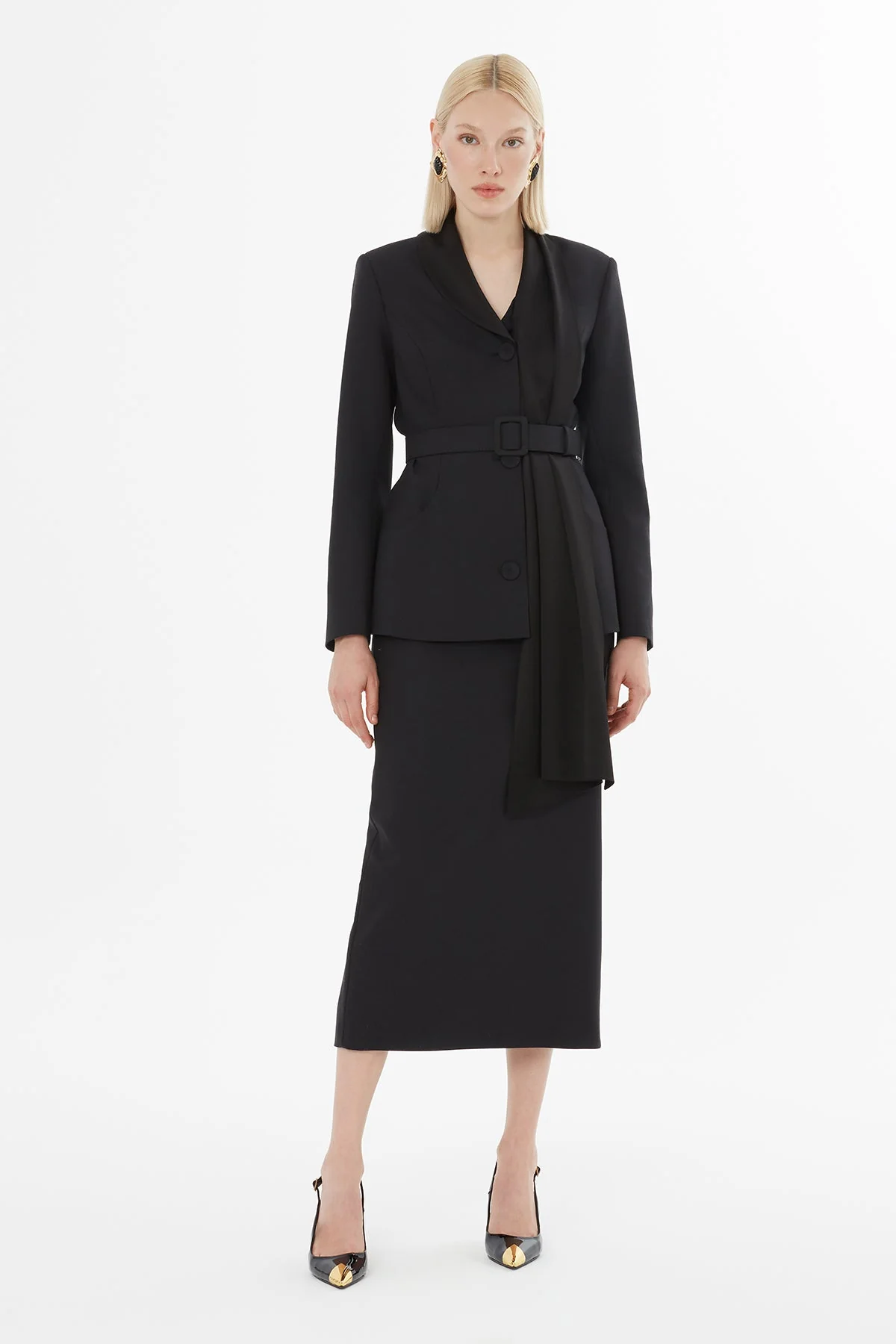 Shawl Collar Detailed Jacket and Pencil Skirt Set