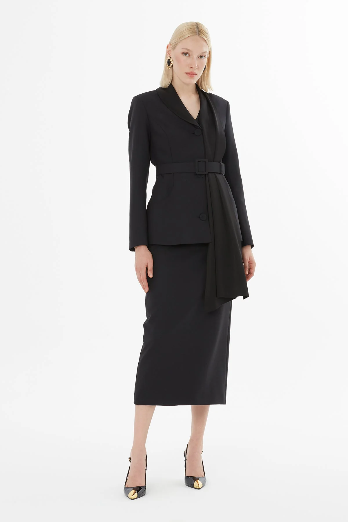 Shawl Collar Detailed Jacket and Pencil Skirt Set - Image 3