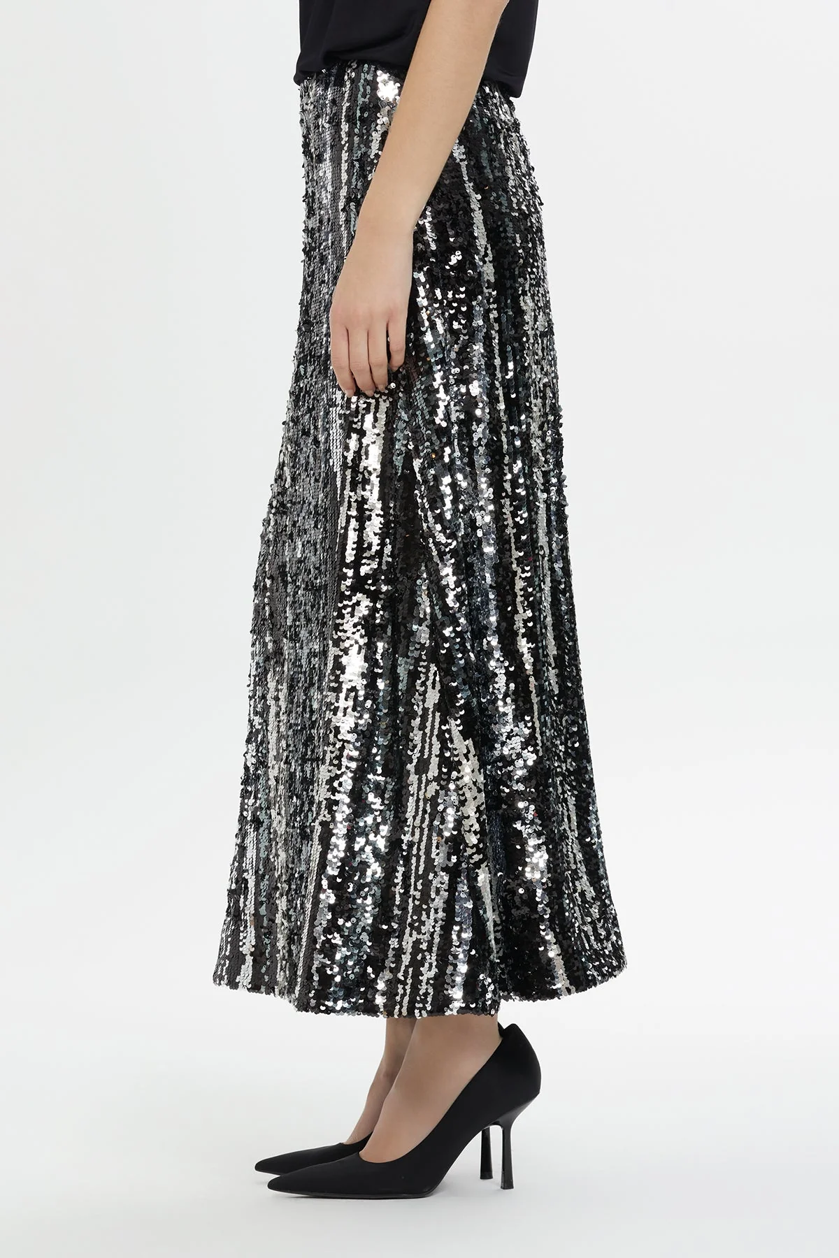 Shiny Sequin Striped Midi Skirt - Image 3