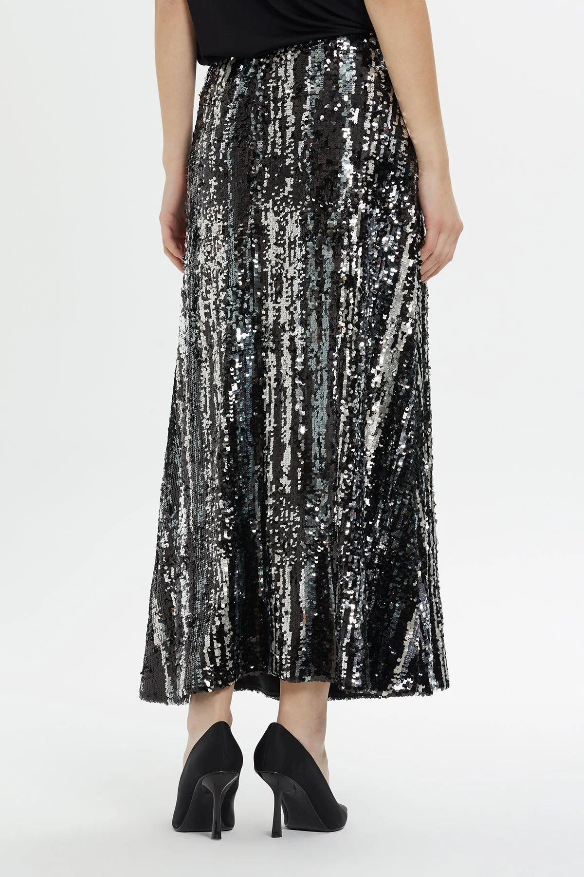 Shiny Sequin Striped Midi Skirt - Image 5