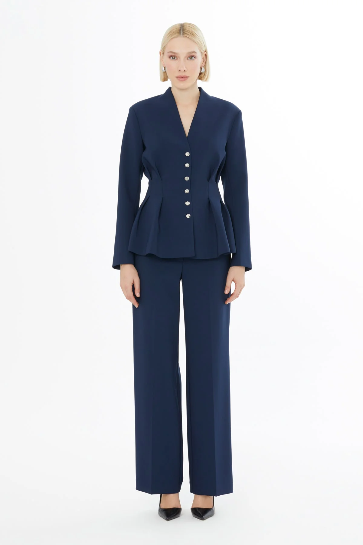 Navy Jacket and Carrot Pants Suit