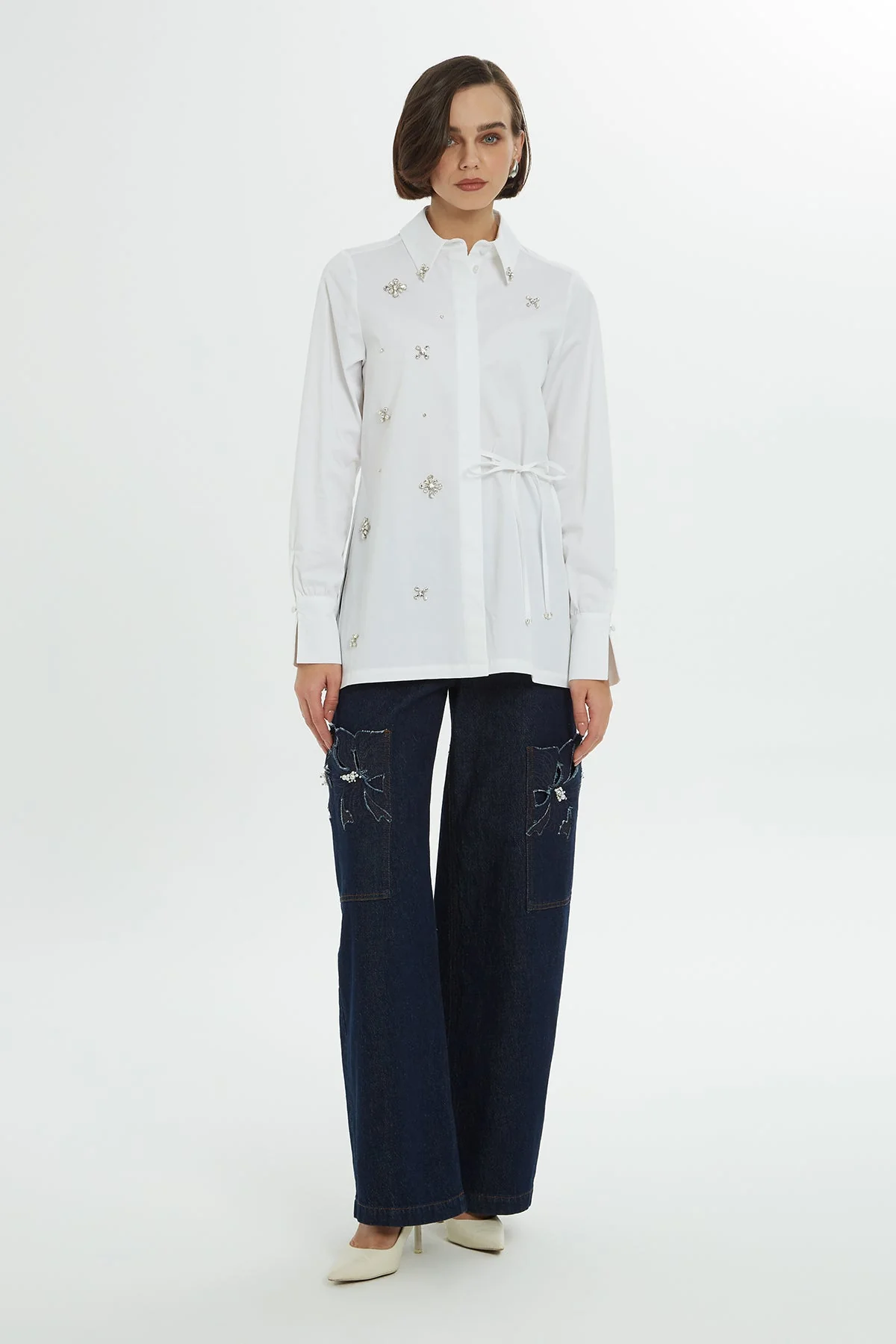 Stone-Embellished Front-Tie Shirt