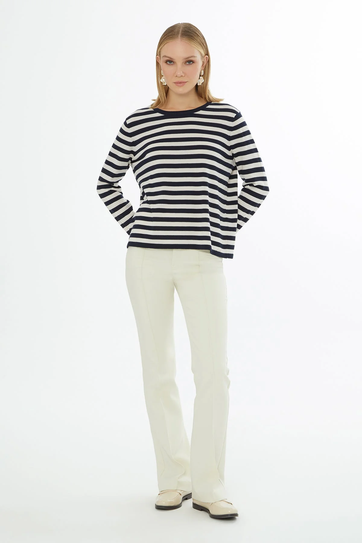 Striped Long-Sleeve Knit Blouse