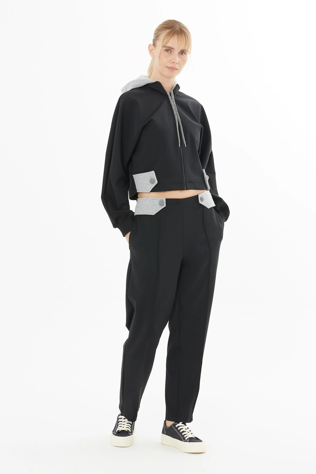 Trousers with Front Drawstring and Side Epaulette Details