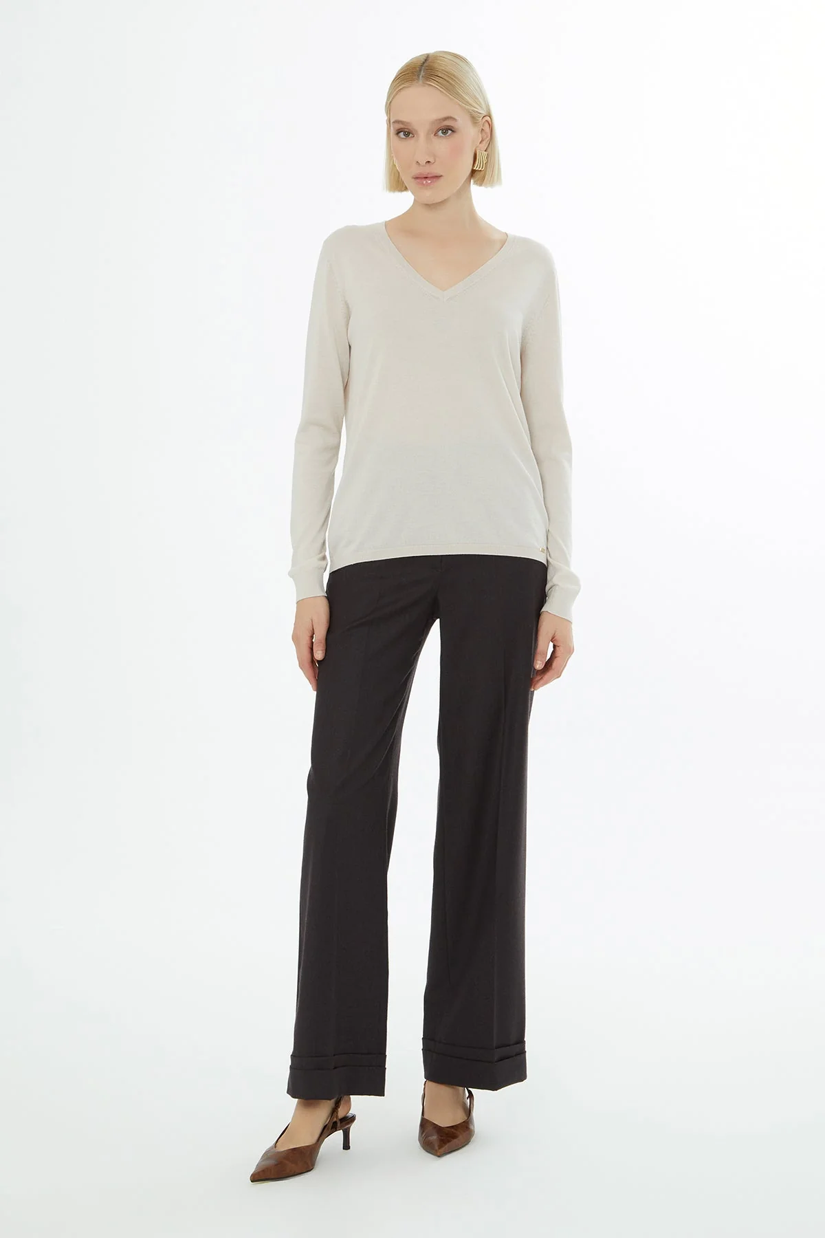 Beige Long-Sleeve V-Neck Blouse